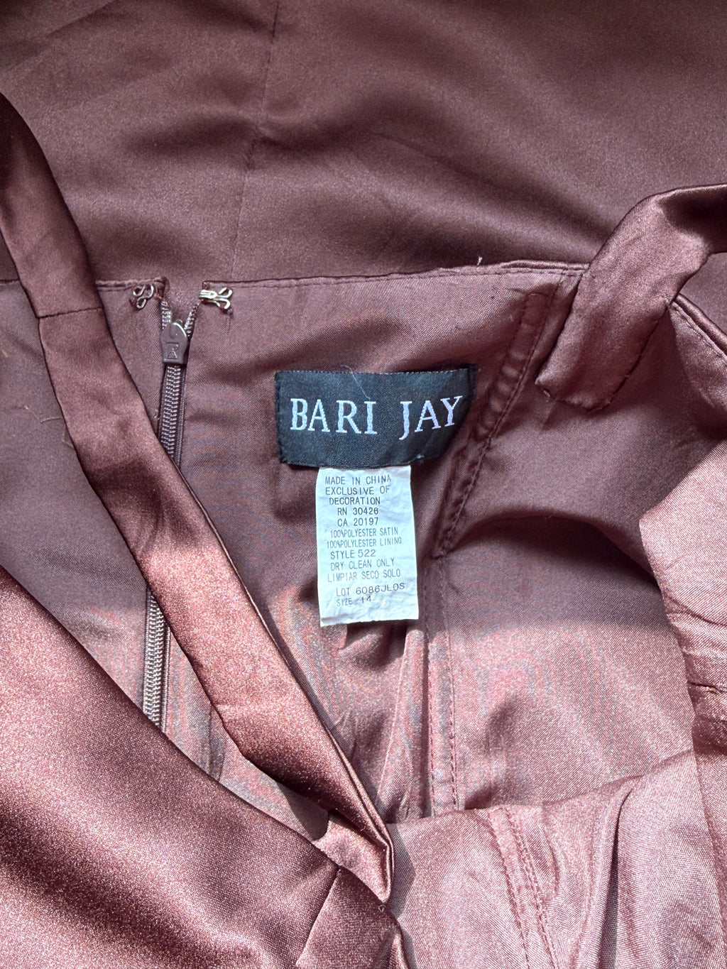 BARI JAY Chocolate Brown Satin Ruched Bow Cocktail Dress – Size US 14 | Elegant Evening & Formal Dress