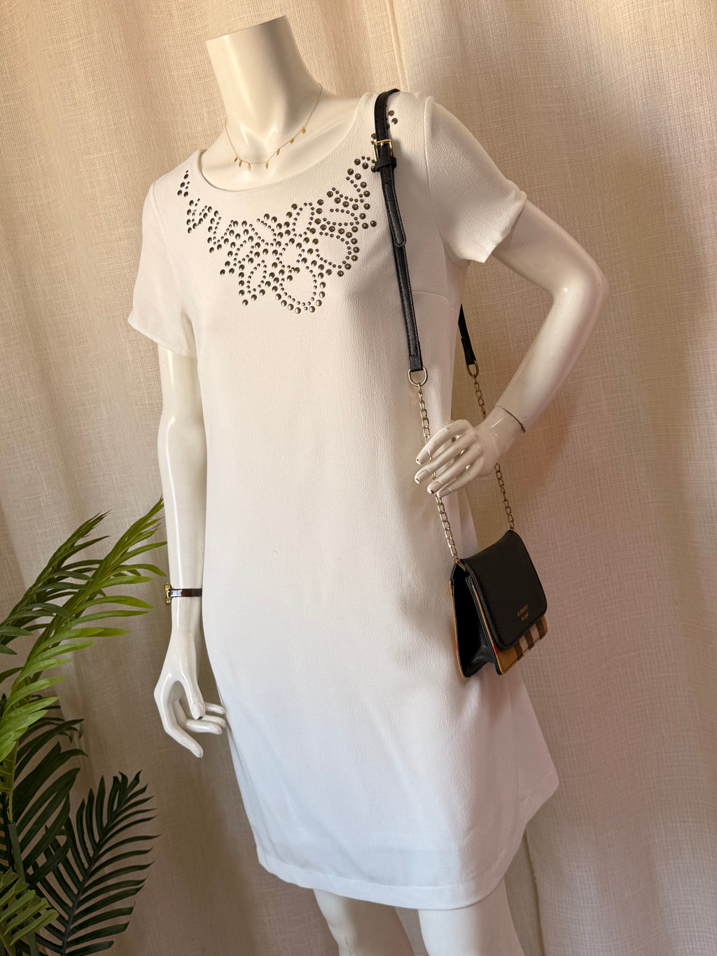 White Studded Crepe Shift Dress (Size L / XL)