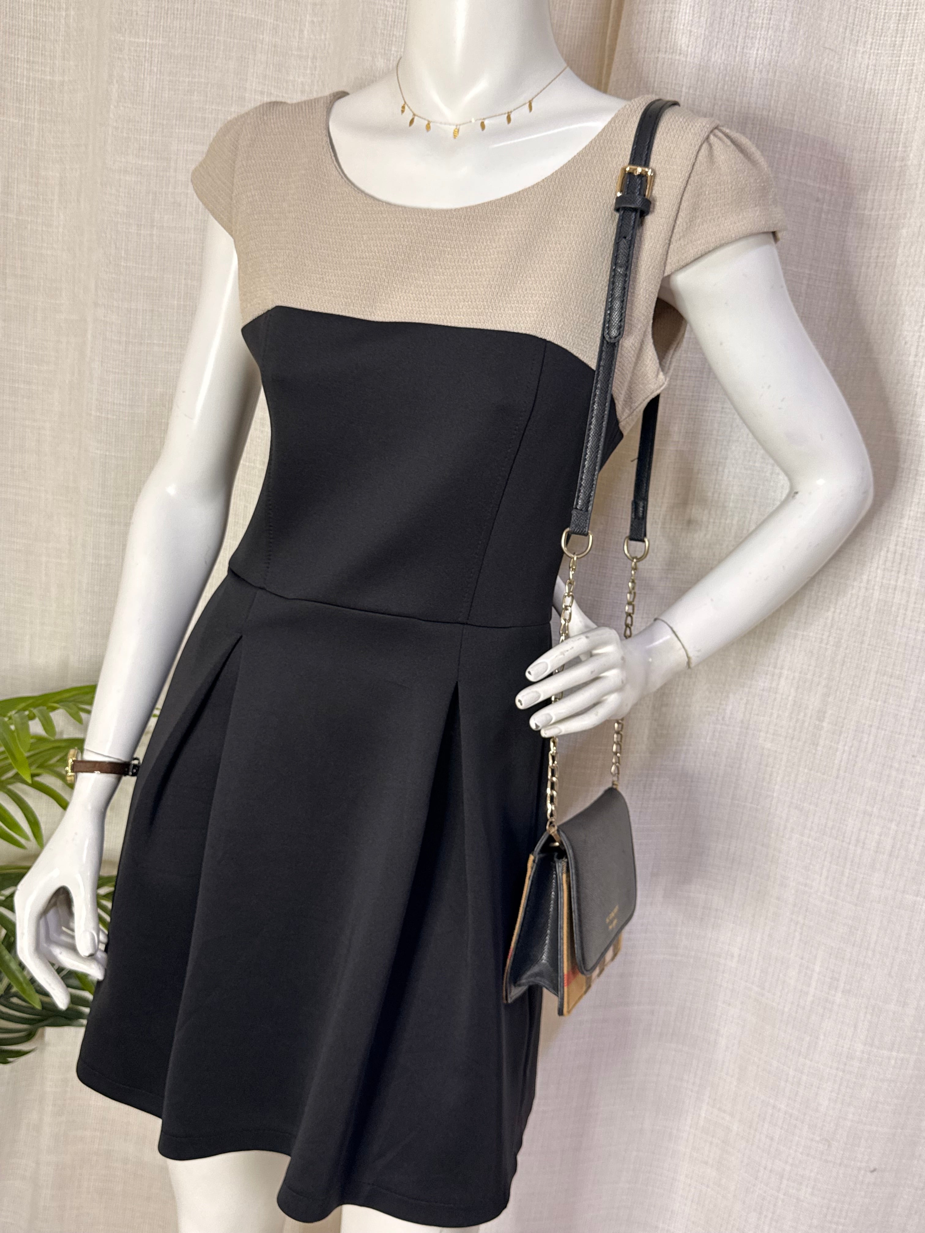 Rimini 1928 Beige & Black Colorblock Pleated Skater Mini Dress – Size Medium