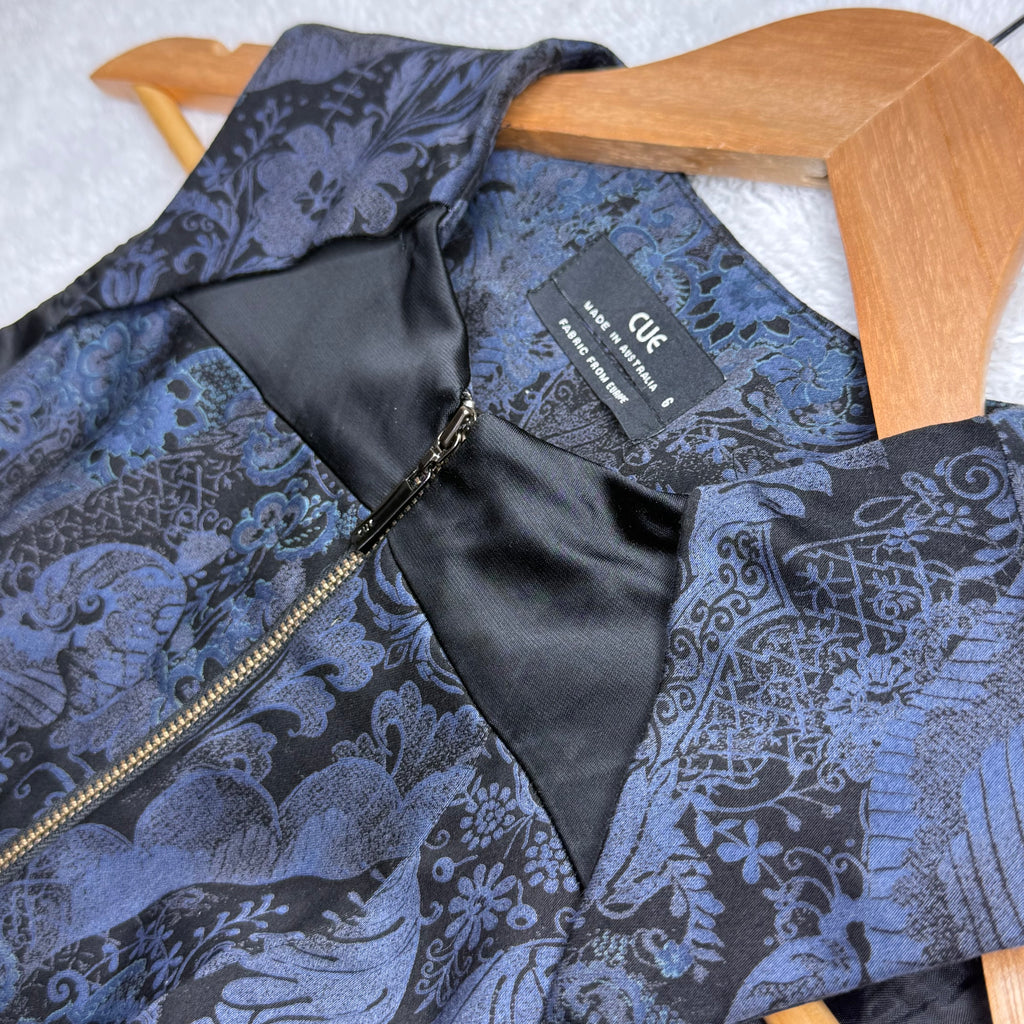 Cue Australia Navy & Black Brocade Dress with Belt