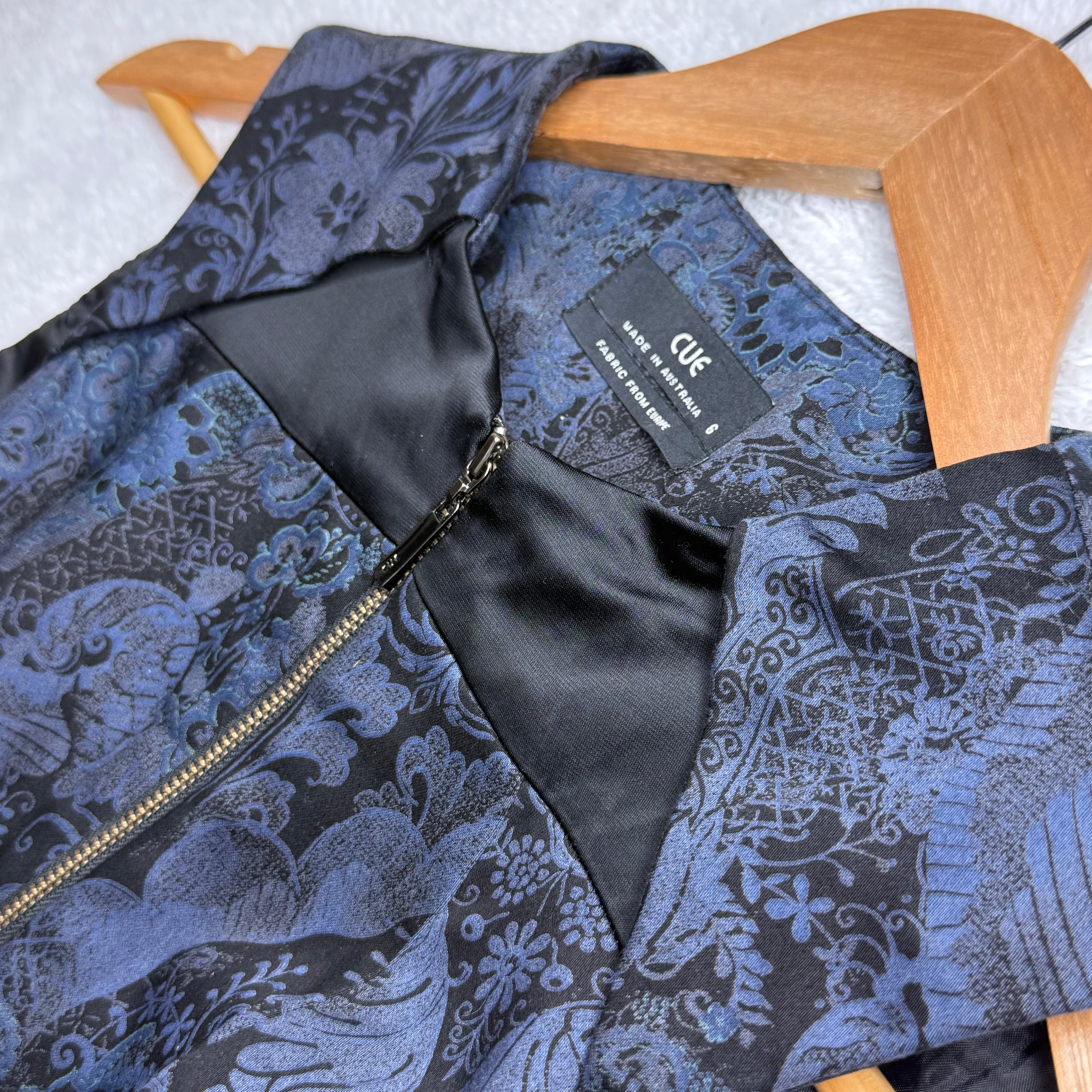 Cue Australia Navy & Black Brocade Dress with Belt