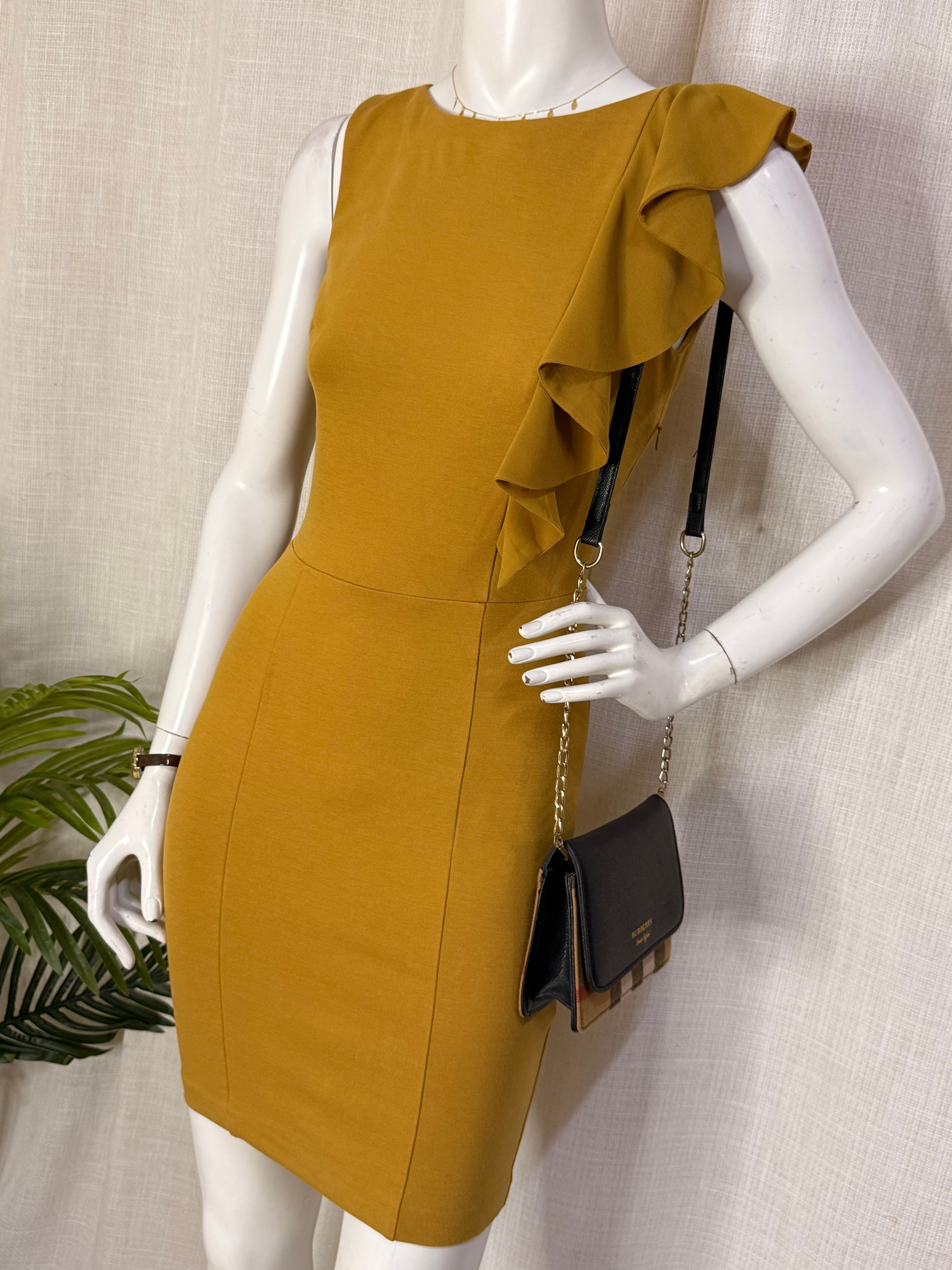 Fornarina Mustard Yellow Ruffle Shoulder Fitted Mini Dress – Size S / UK 8