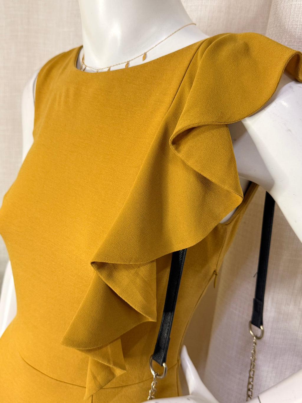 Fornarina Mustard Yellow Ruffle Shoulder Fitted Mini Dress – Size S / UK 8