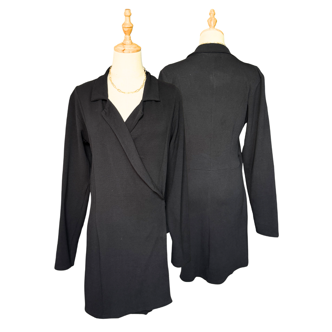 Boohoo Black Long-Sleeve Wrap Blazer Dress | UK 14 (Preloved)