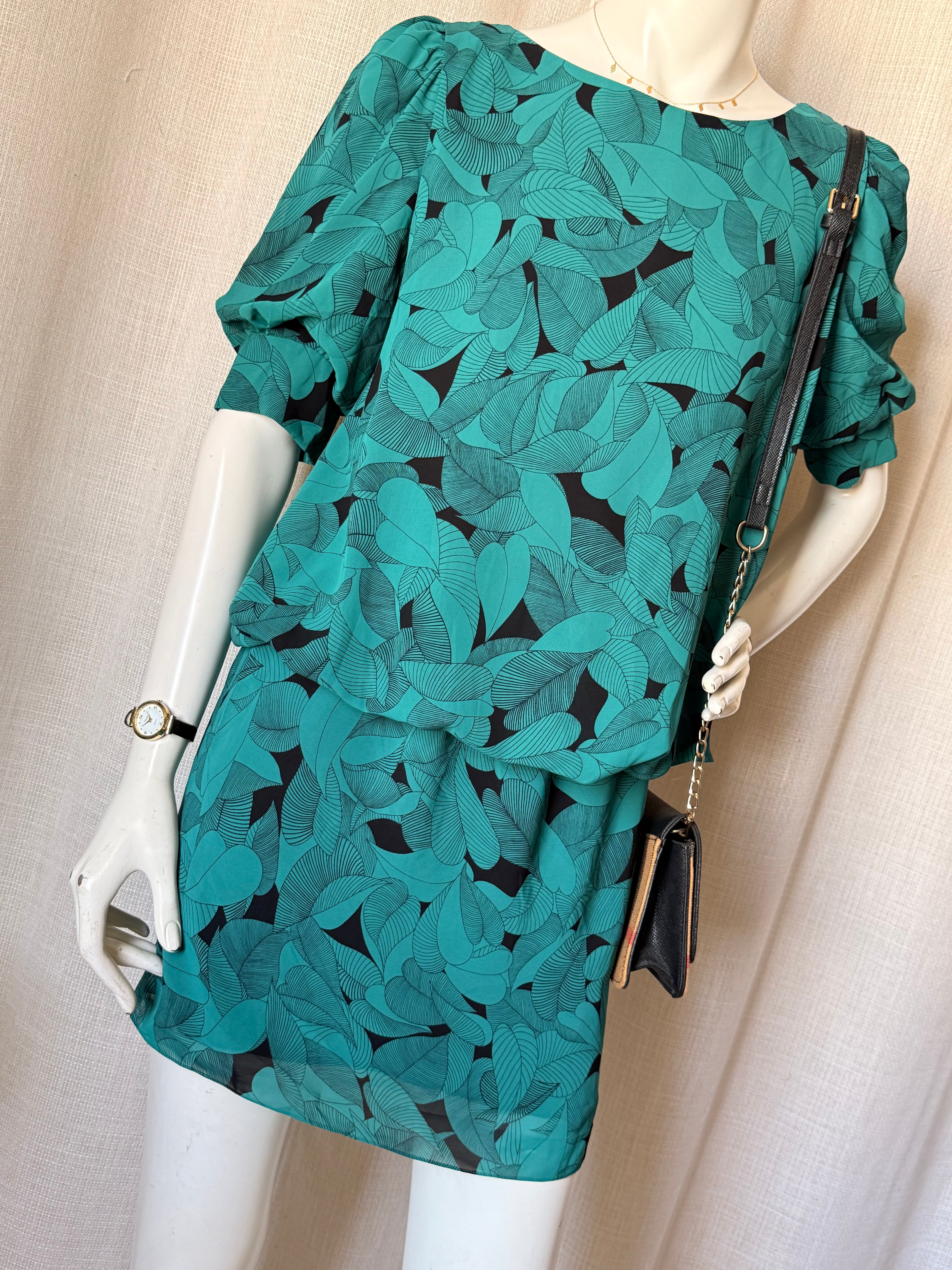 Belinda Bates Emerald Green Leaf Print Mini Dress - Puff Sleeve - Size UK 10