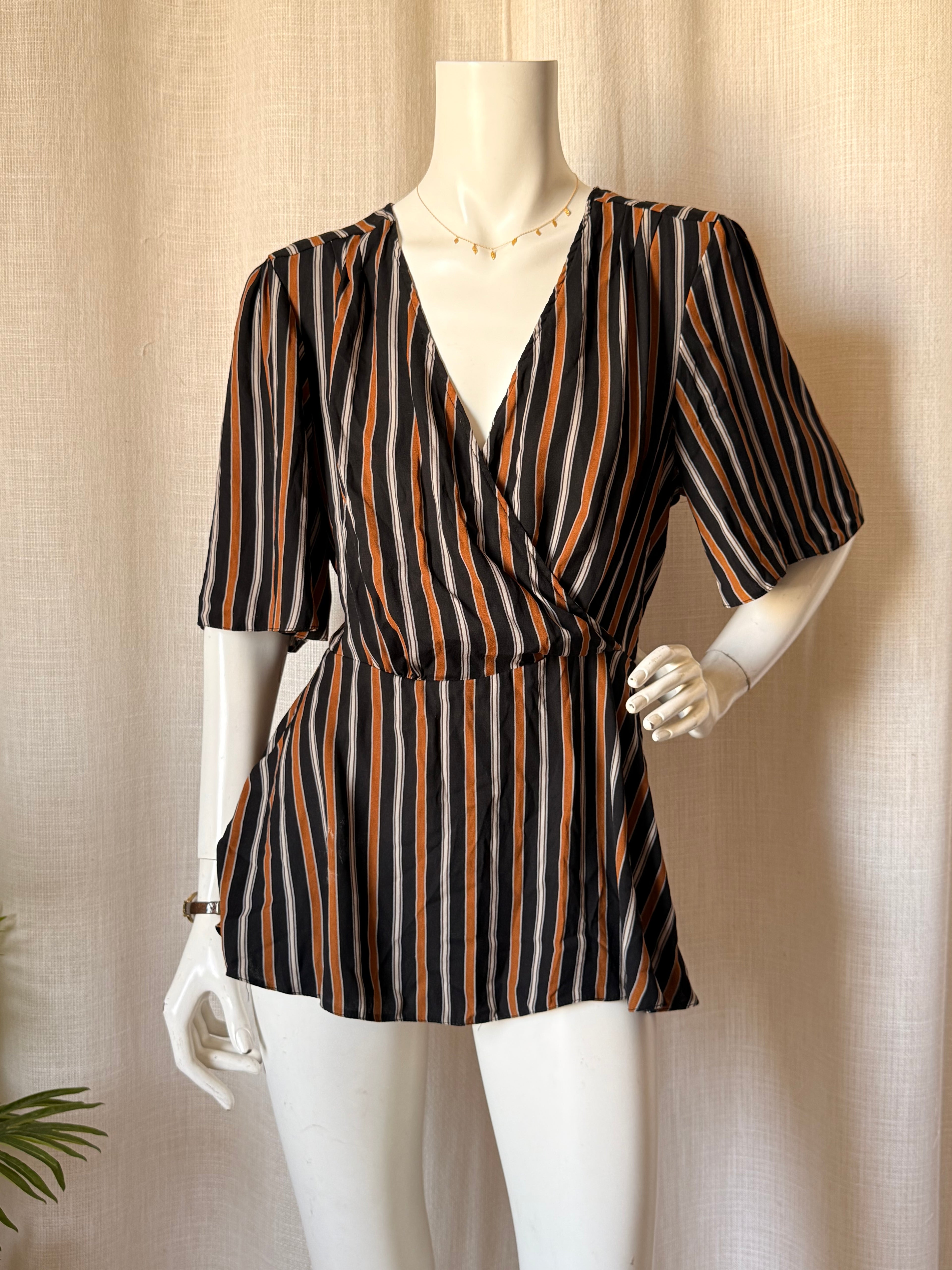 River Island Vertical Stripe Wrap Blouse - Burnt Orange & Black - Size UK 16