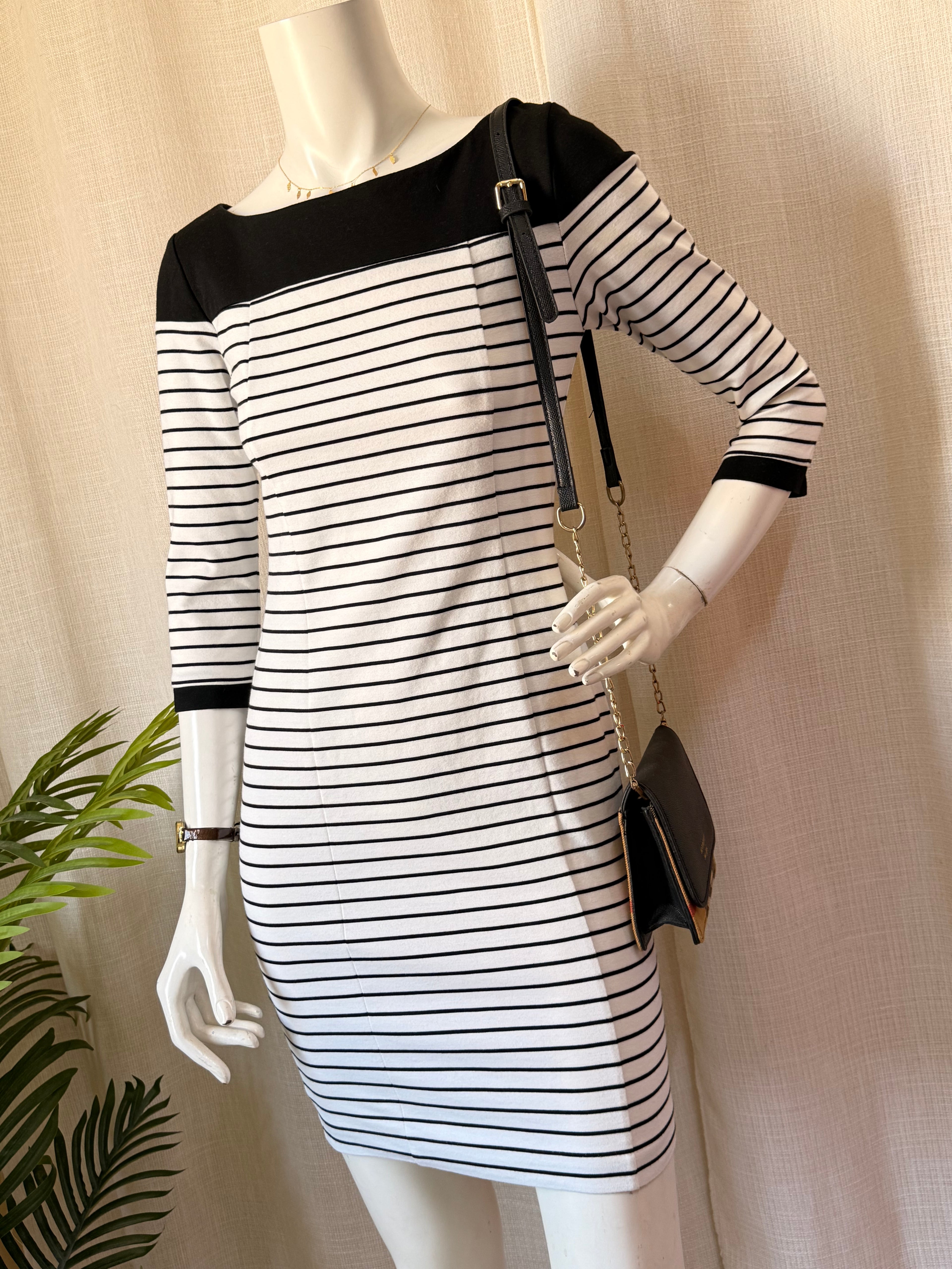 Zara Basic Striped Boat Neck Bodycon Dress with 3/4 Sleeves (Size S)