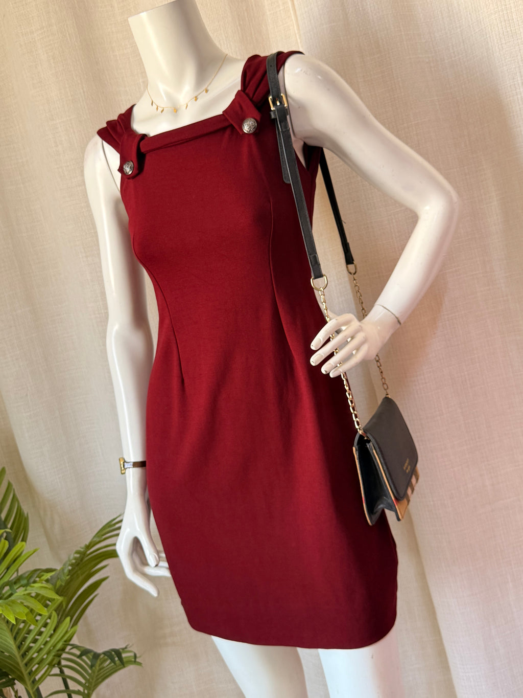 J&G Burgundy Red Square Neck Mini Dress with Engraved Buttons (Size S/M)