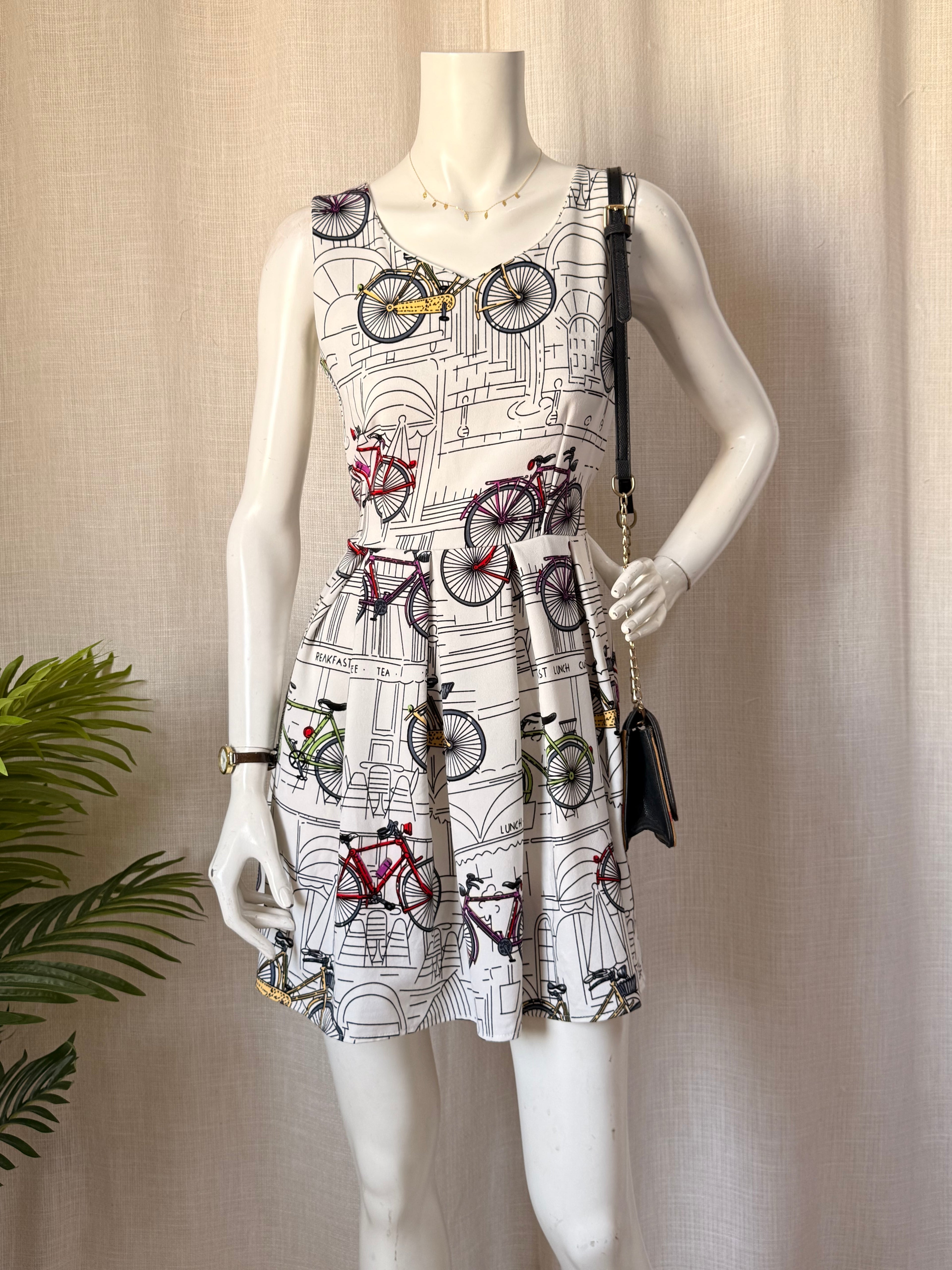 Newly Collection Vintage-Style Bicycle Print Fit & Flare Mini Dress | Small
