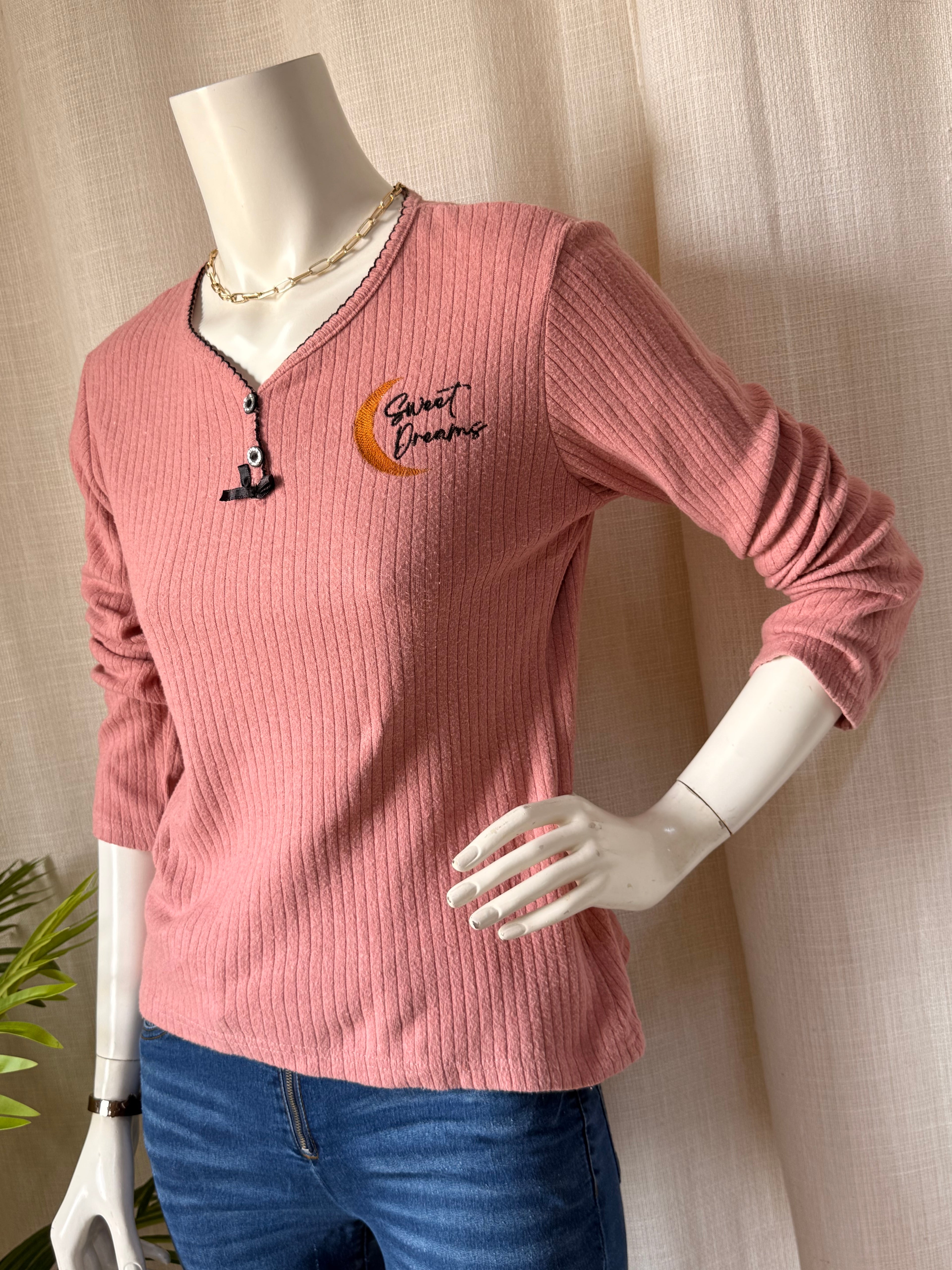 ASEL "Sweet Dreams" Ribbed Henley Top | Medium