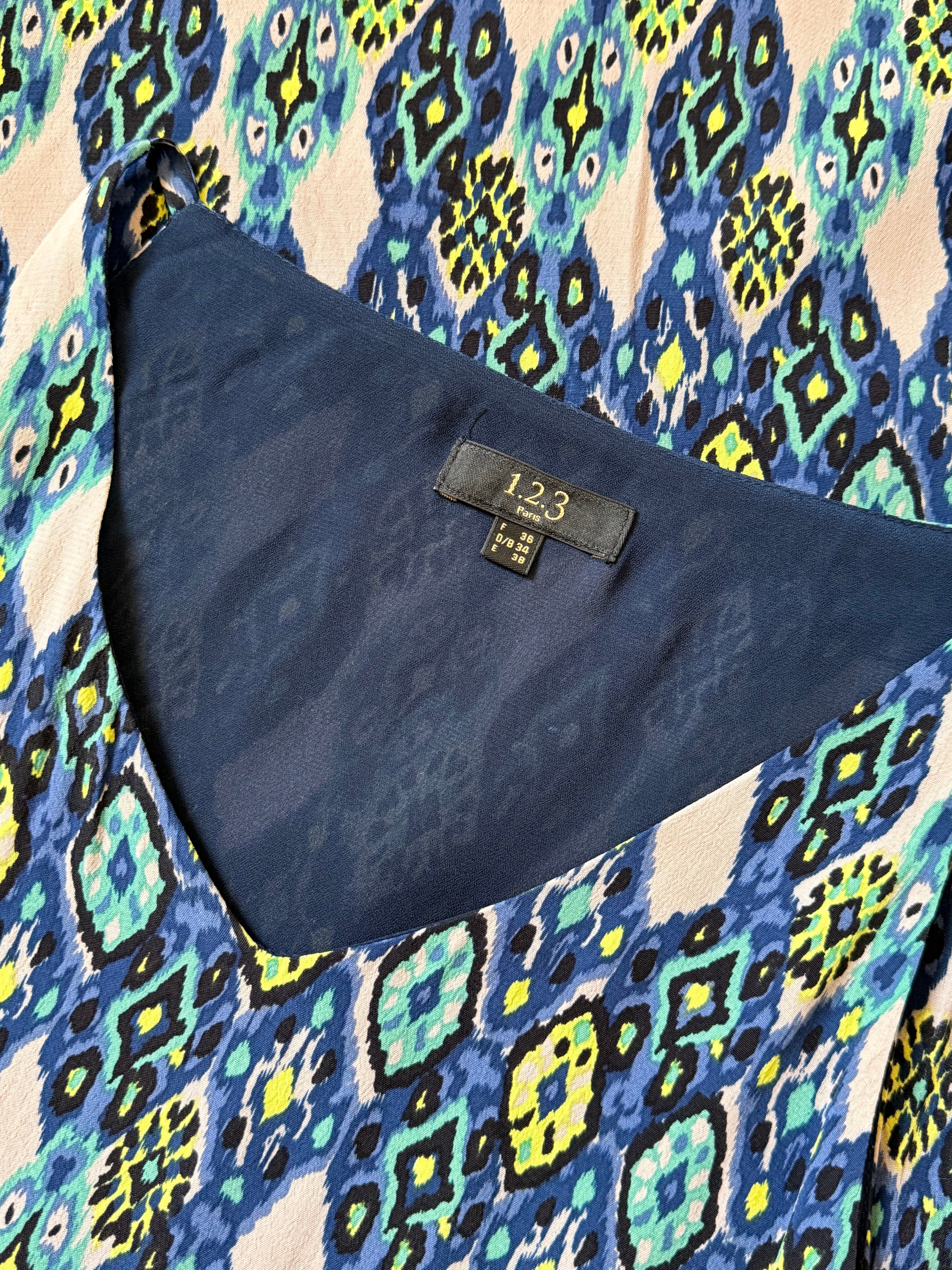 1.2.3 Paris Ikat Print Mini Dress - Blue/Green Silk Feel - Size FR 38 (Small Imperfections)