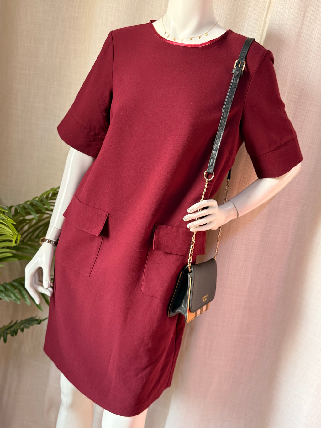 Monsoon Burgundy Pocket Shift Dress – UK 12 | Elegant Work & Smart Casual Dress