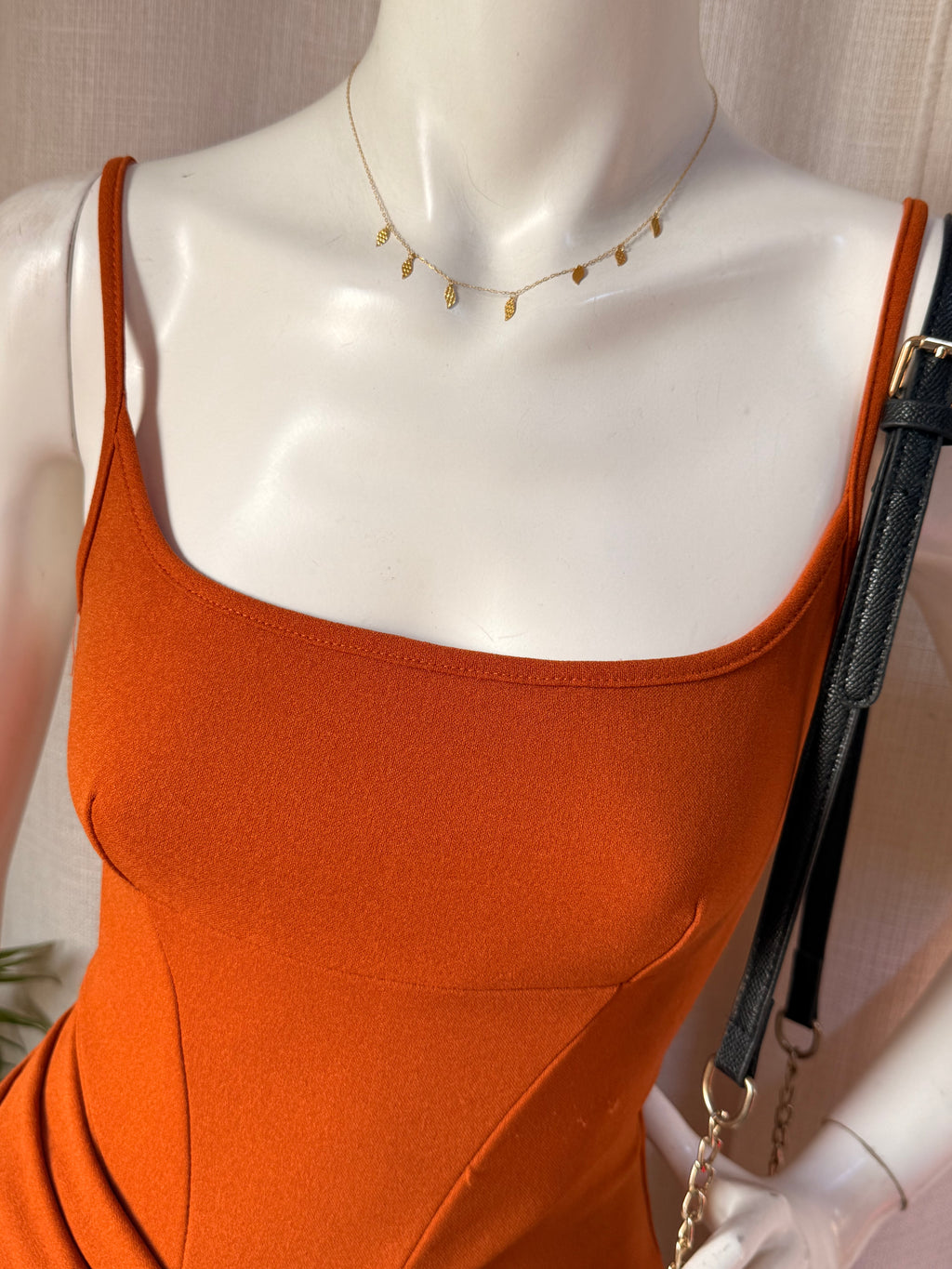 Burnt Orange Ruched Corset Bodycon Midi Dress – XS | Cocktail & Party Dress