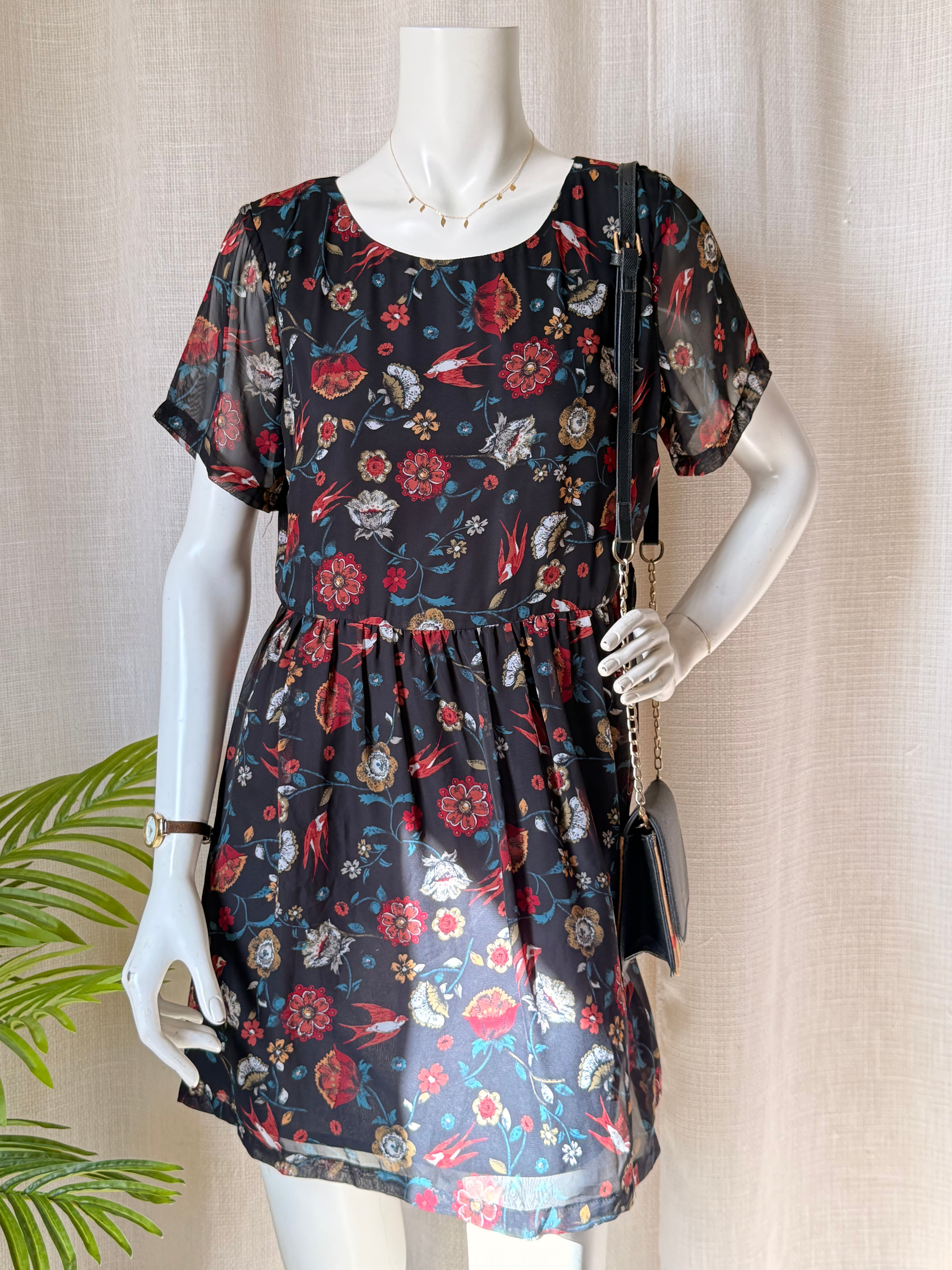 Miss Shop Floral & Bird Print Tea Dress - Swallow Motif Mini - Size 12 (M)