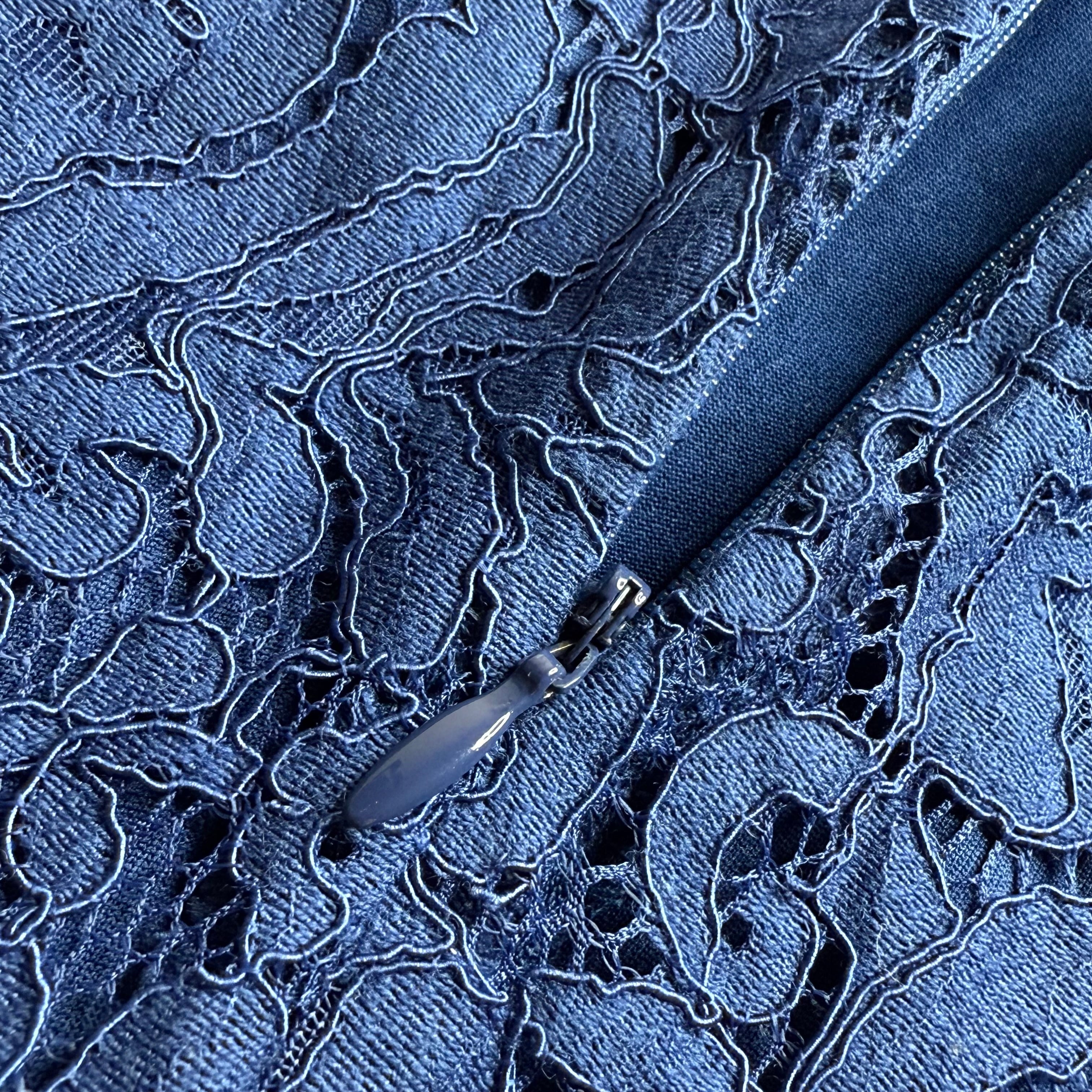 Blue lace fabric with a zipper running through it