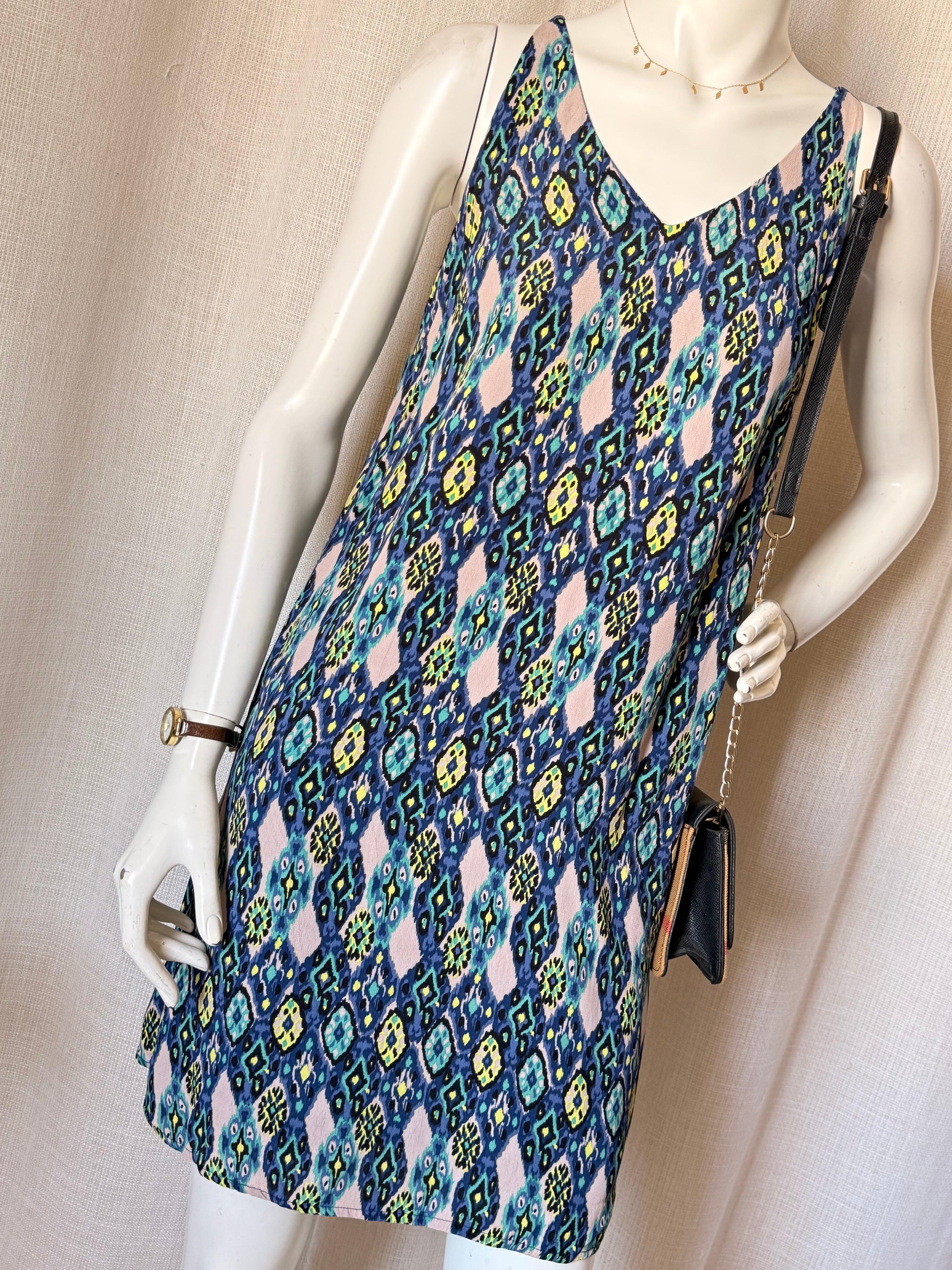1.2.3 Paris Ikat Print Mini Dress - Blue/Green Silk Feel - Size FR 38 (Small Imperfections)