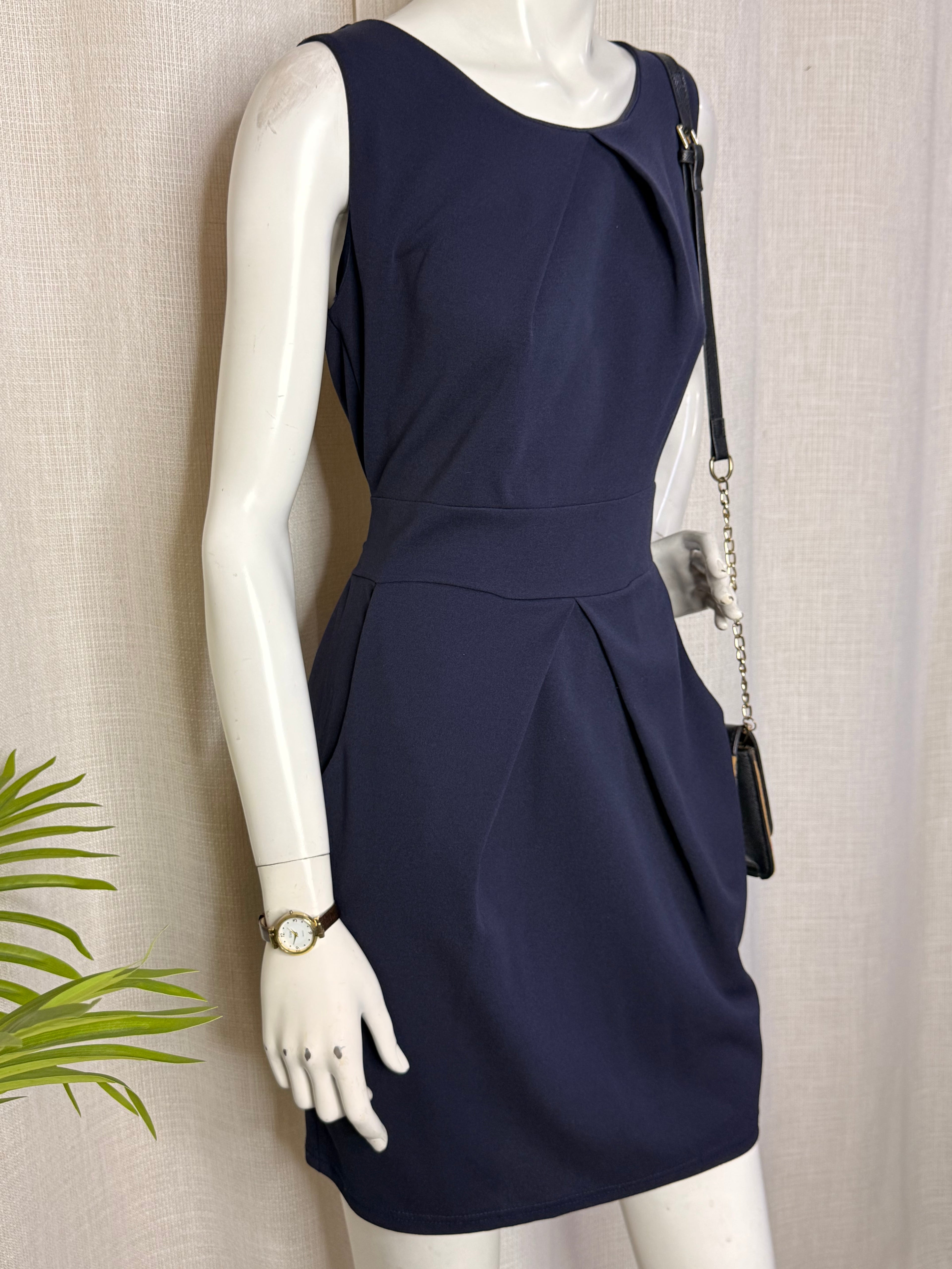 Mela London Navy Blue Pleated Tulip Mini Dress - Size UK 12 / US 8 - Medium