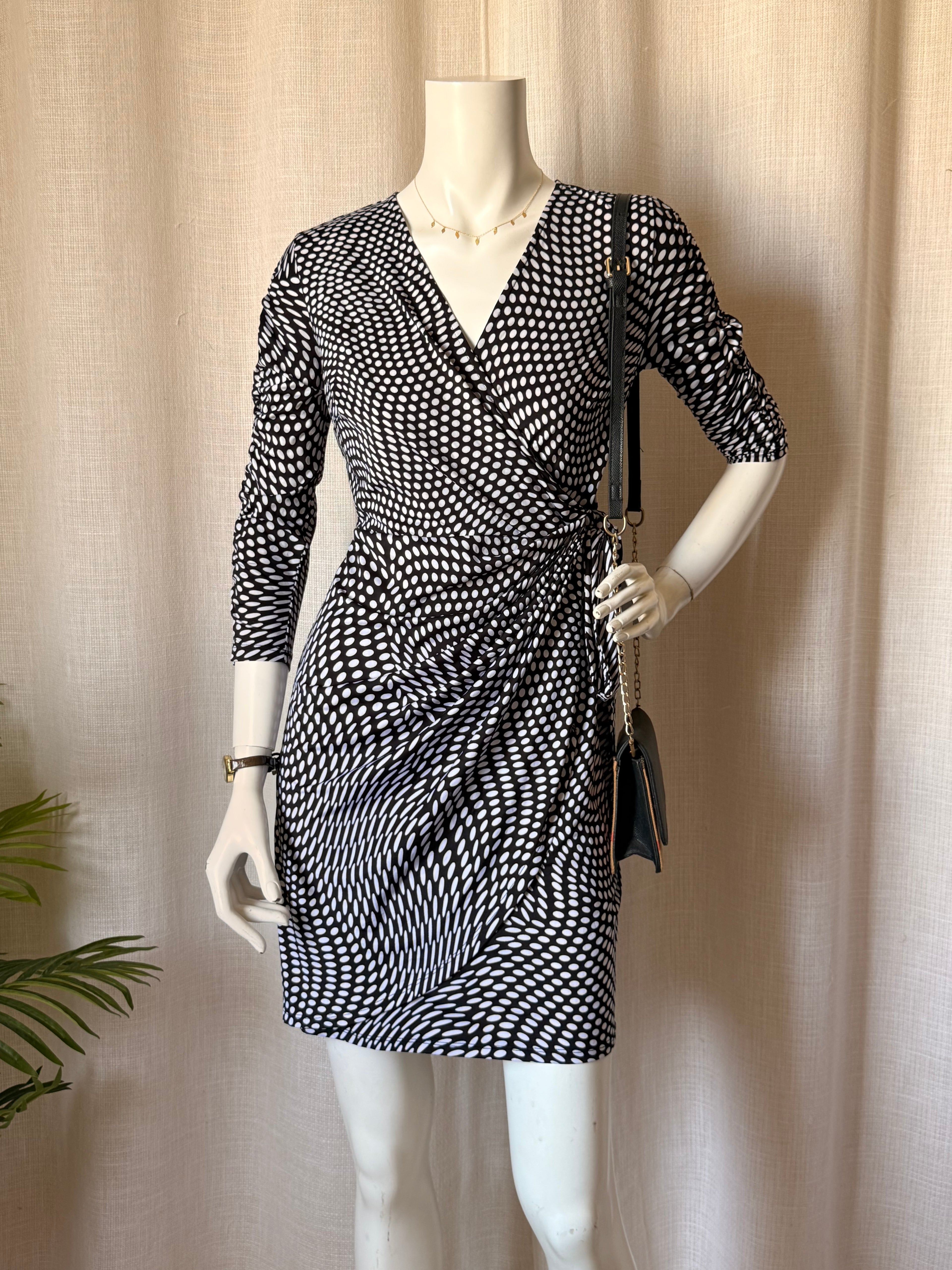 INC International Concepts Petite Black & White Dot Wrap Dress - Ruched - Size PS