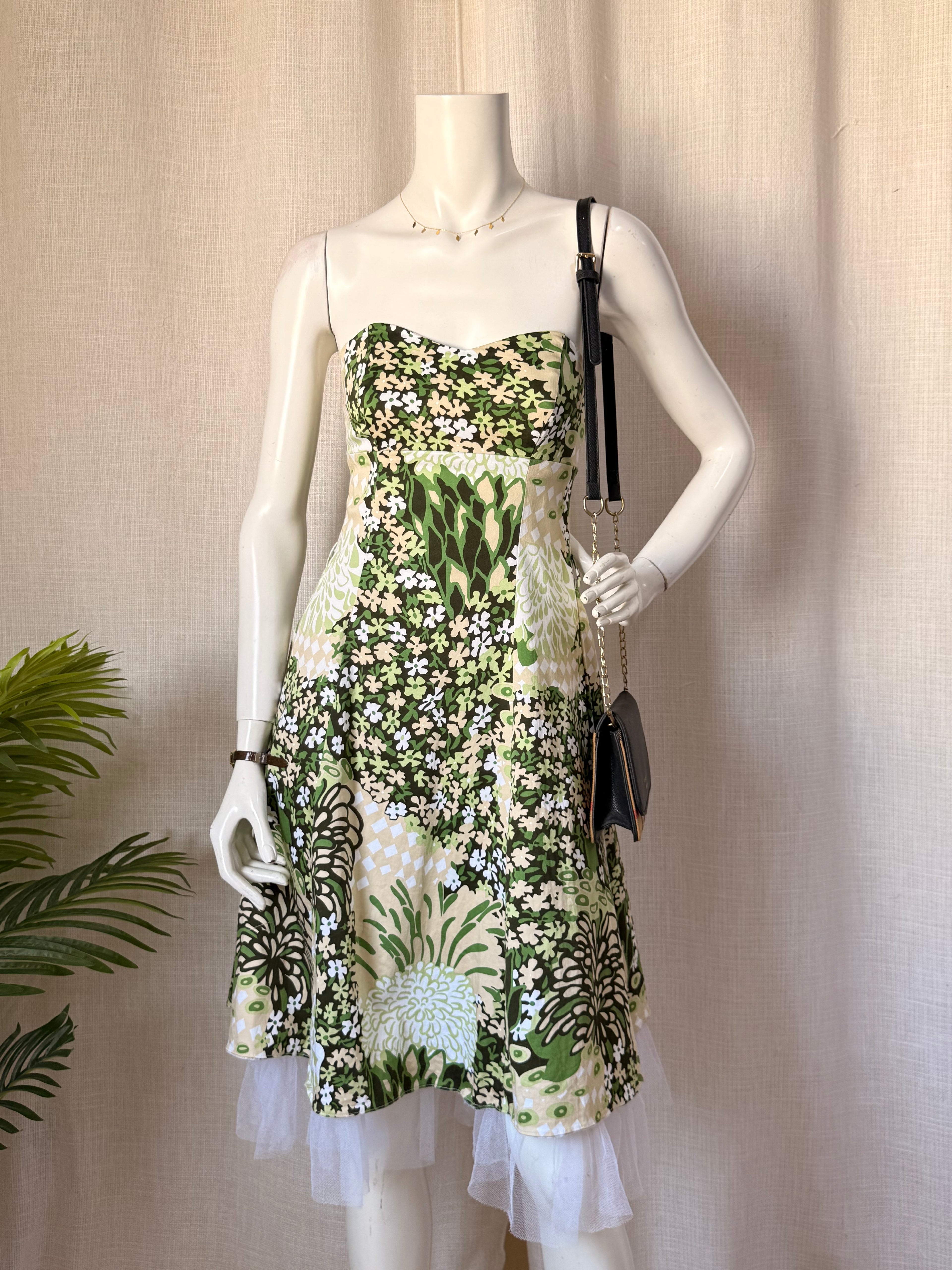 Miss Posh Floral Strapless Sundress with Tulle Trim - Green Retro Print - Size 10