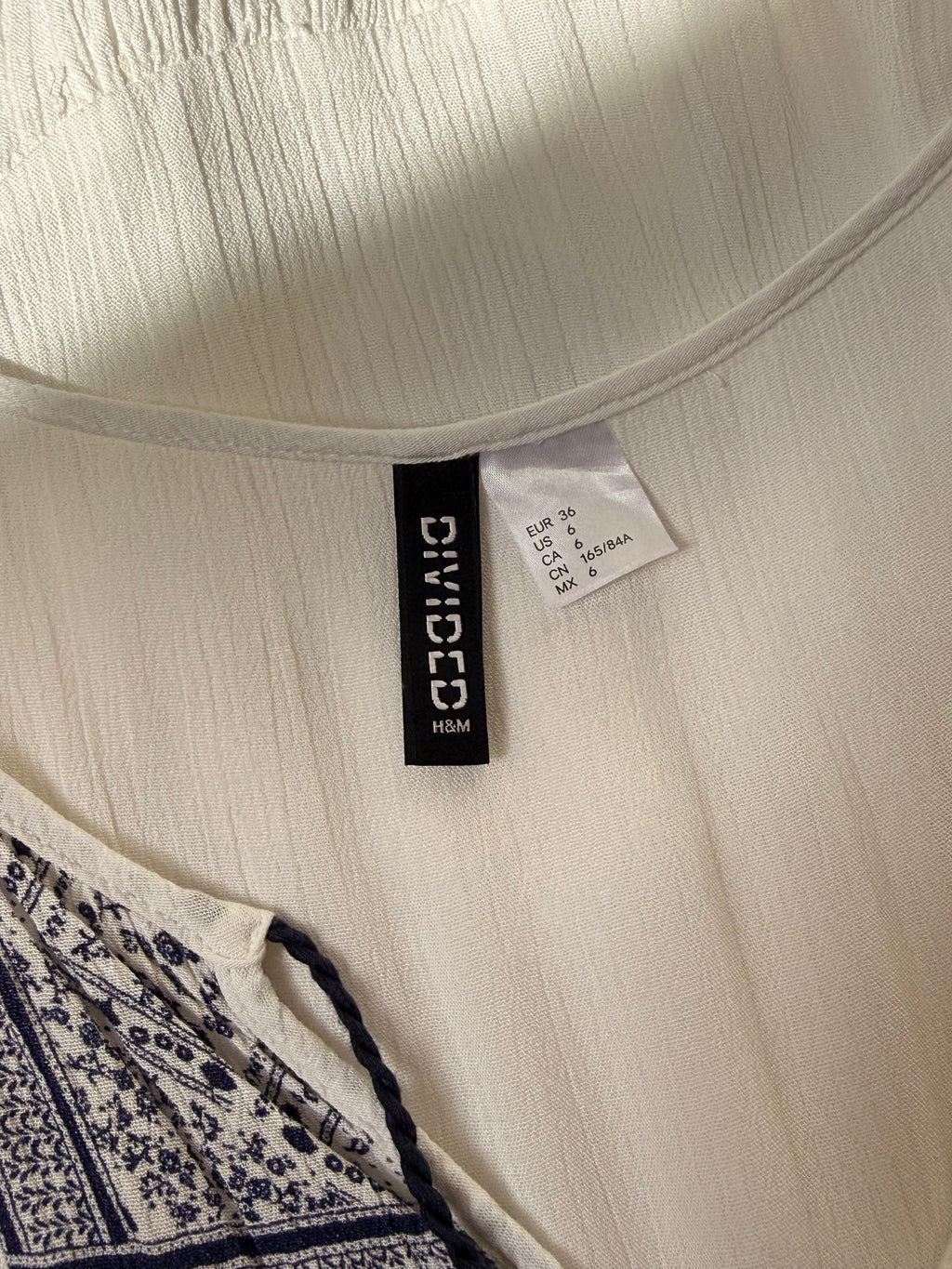 H&M Divided White Boho Embroidered Mini Dress - Blue Tassel Tie - Size 6 - Festival