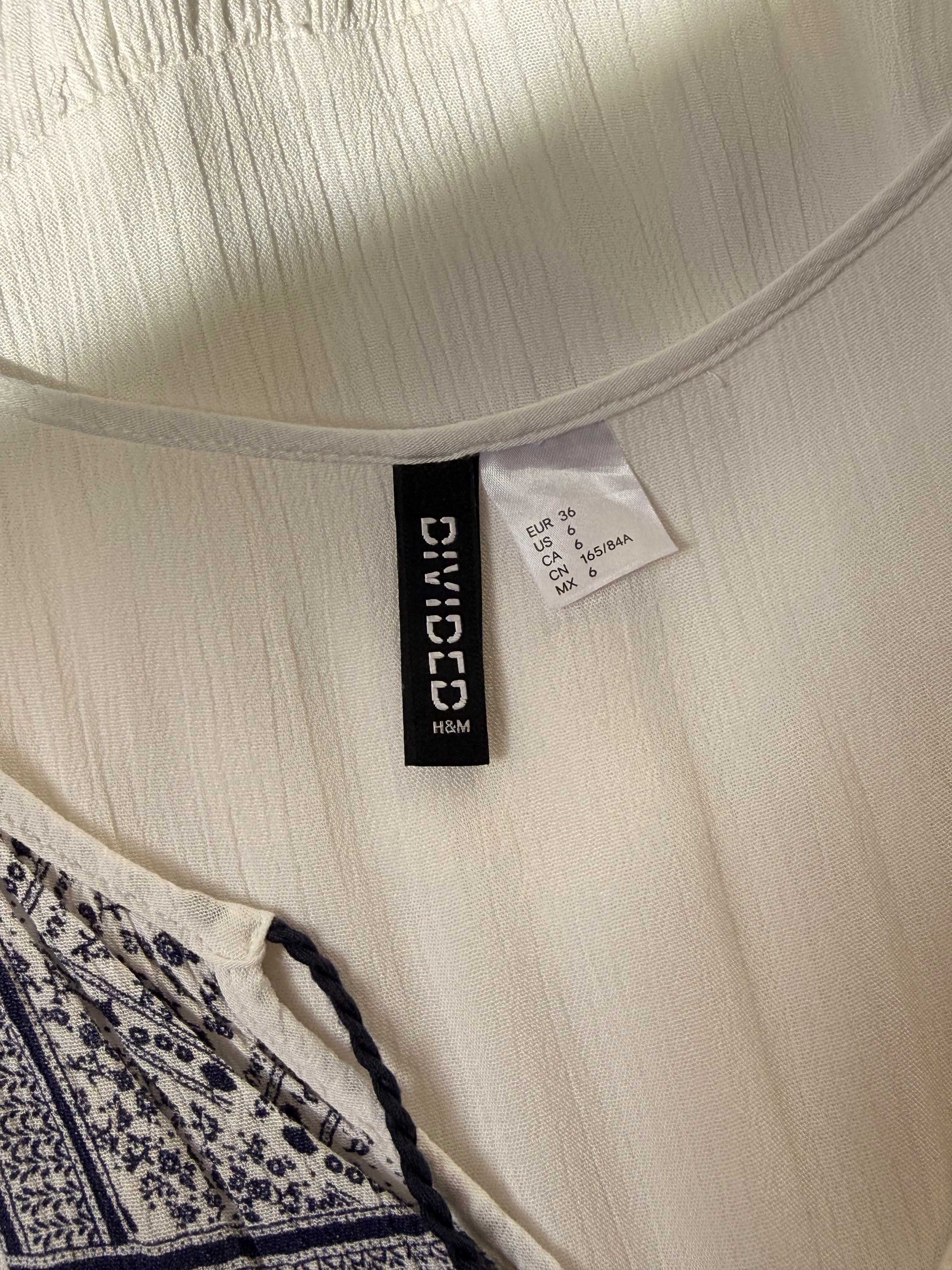 H&M Divided White Boho Embroidered Mini Dress - Blue Tassel Tie - Size 6 - Festival