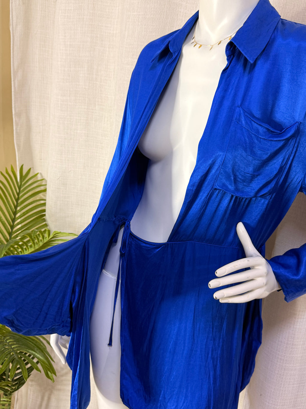 Zara Cobalt Blue Satin Shirt Wrap Mini Dress - Size M