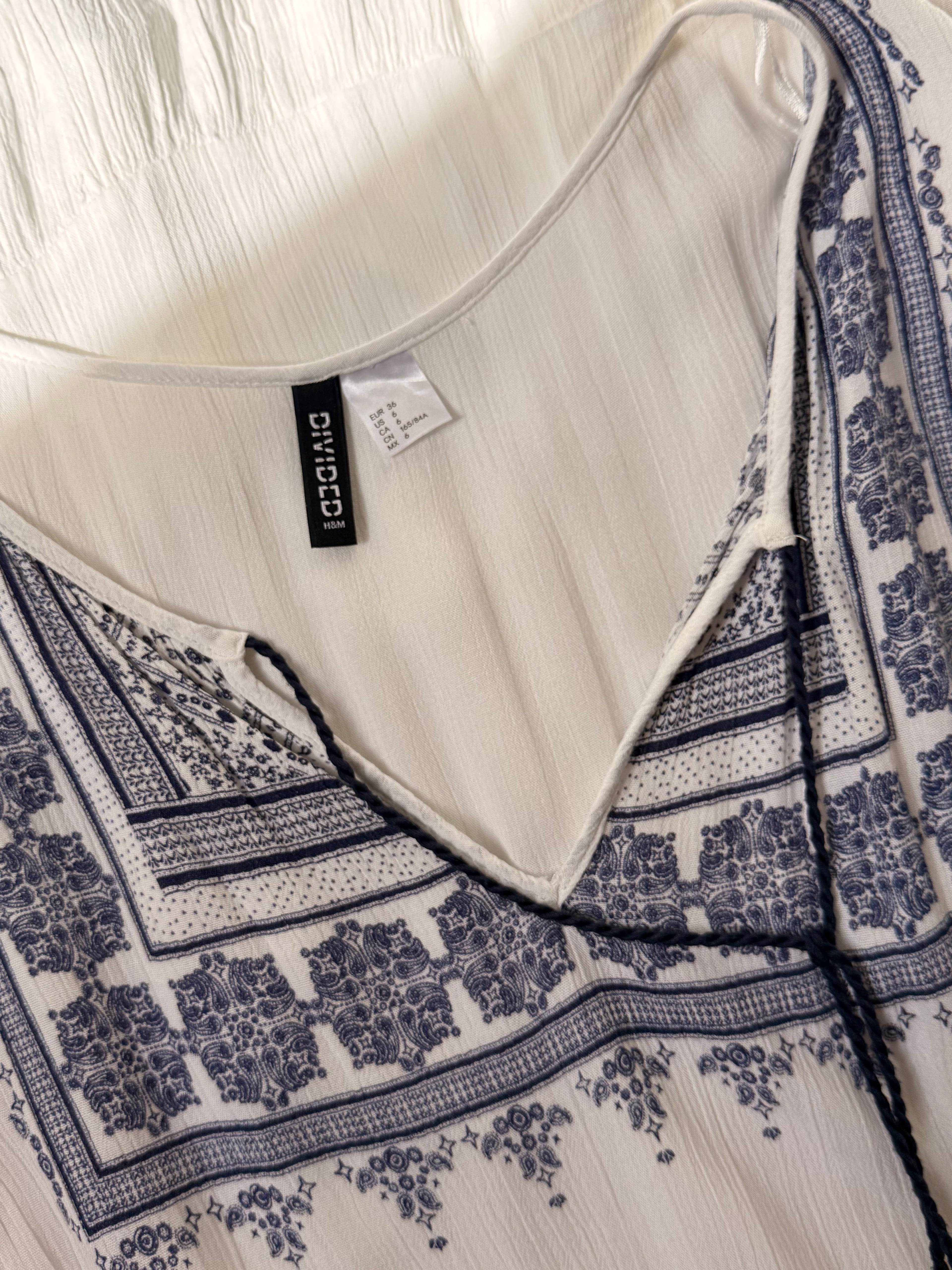 H&M Divided White Boho Embroidered Mini Dress - Blue Tassel Tie - Size 6 - Festival
