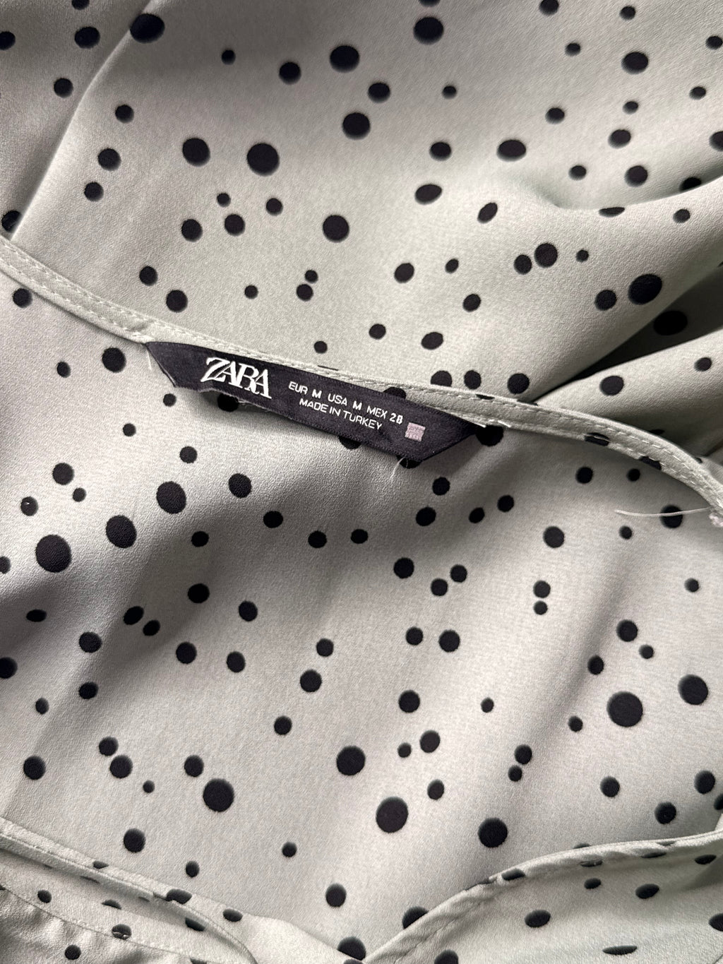 Zara Sage Green Polka Dot Ruched Button-Front Mini Dress - Size M
