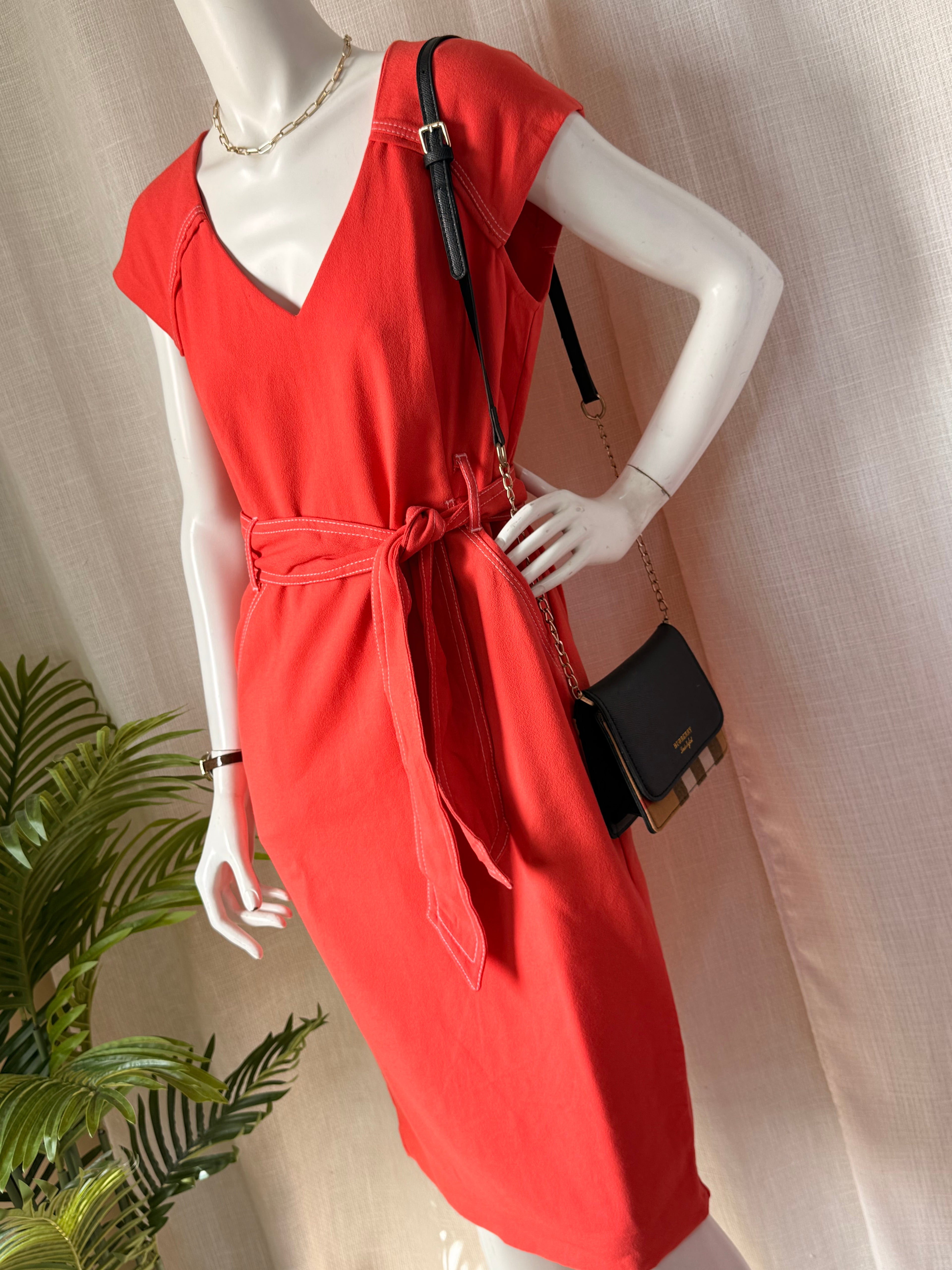 Chic Preloved NEXT Coral Belted V-Neck Dress - UK 12 | UAE Fashion