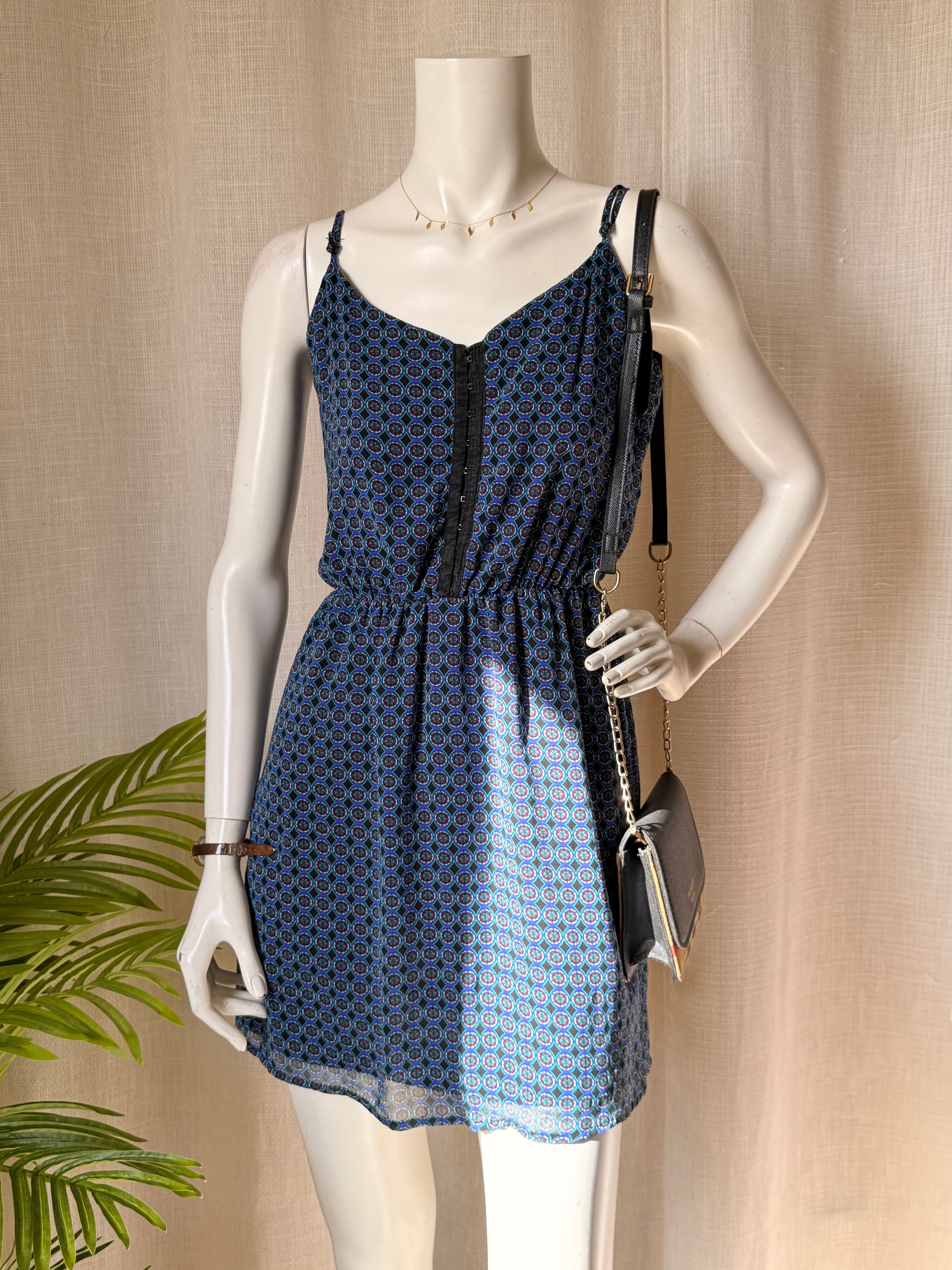 Bik Bok Geometric Print Cami Dress - Hook & Eye Corset Detail - Size Small