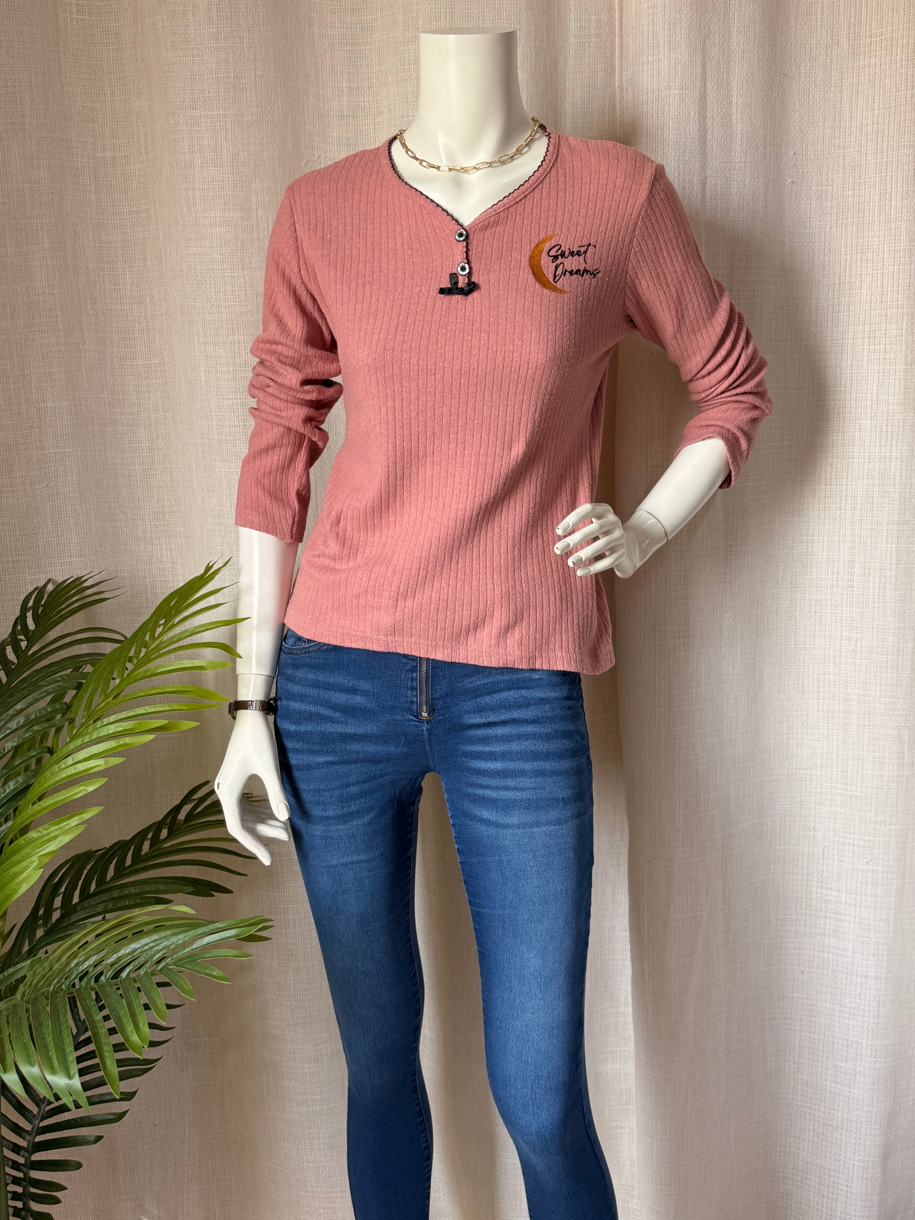 ASEL "Sweet Dreams" Ribbed Henley Top | Medium