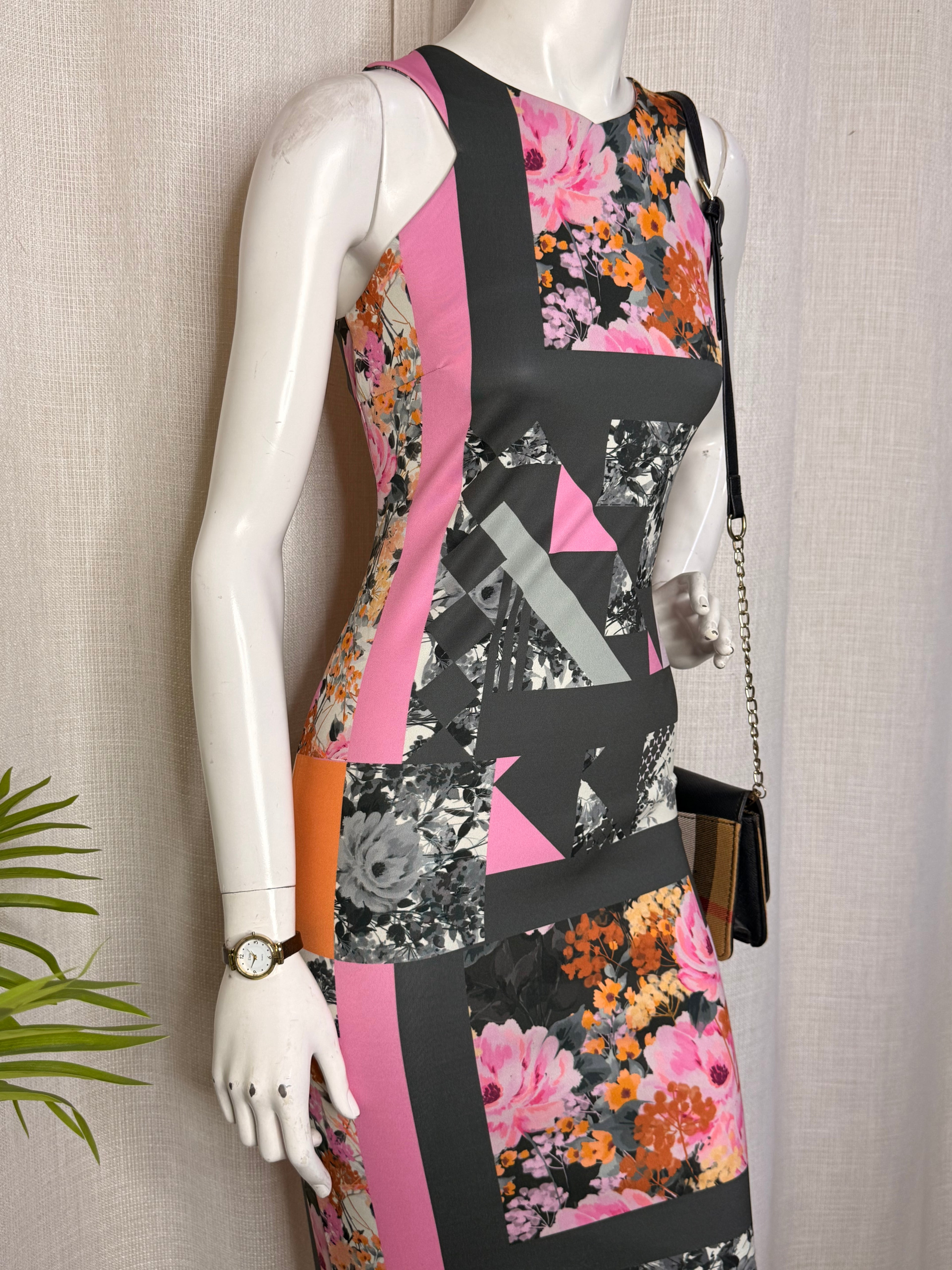 Next Geometric Floral Abstract Panels Bodycon Dress - Size UK 8 / EUR 36 - Small