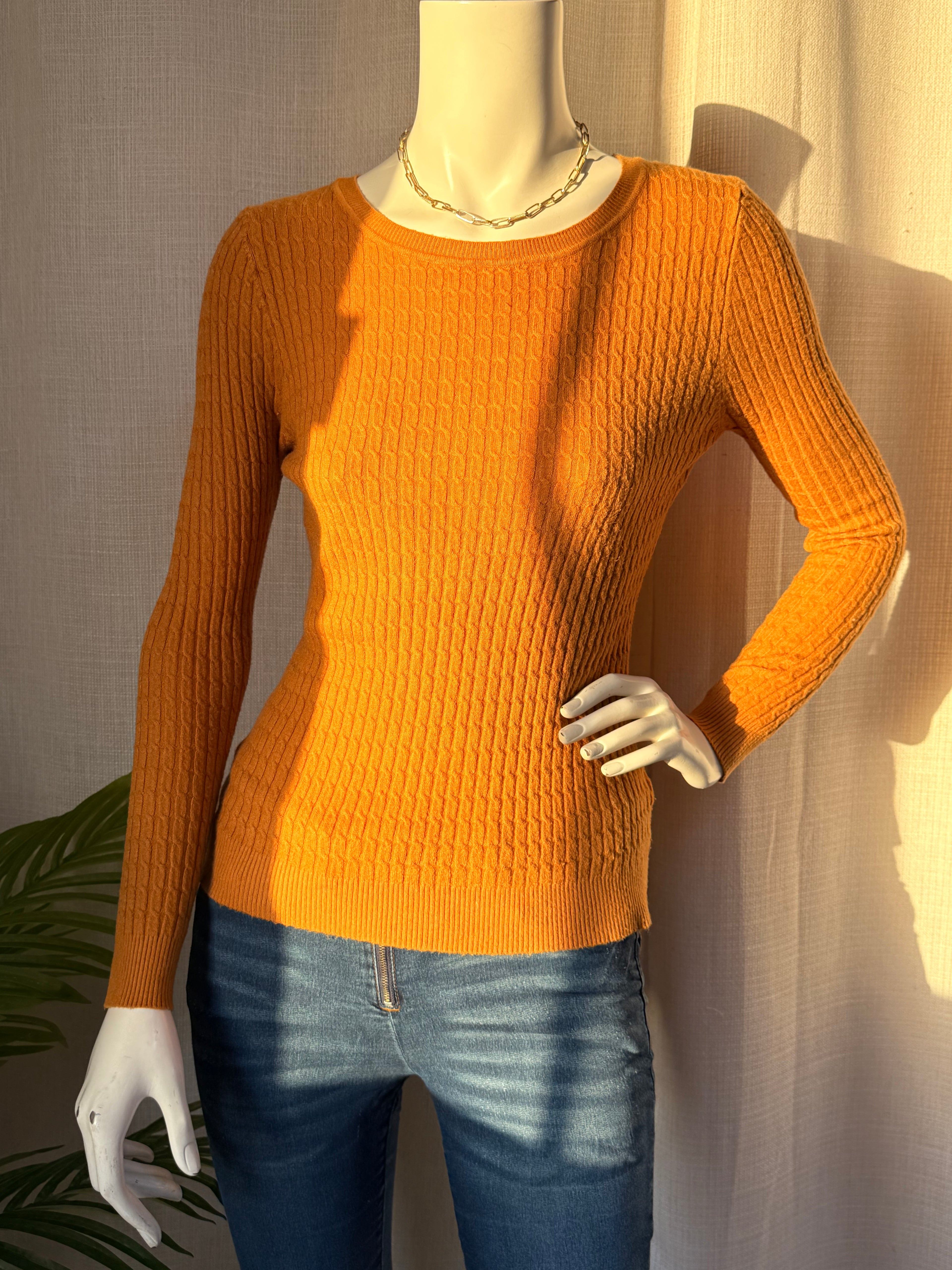 Honey-Mustard Micro-Cable Knit Sweater | Small
