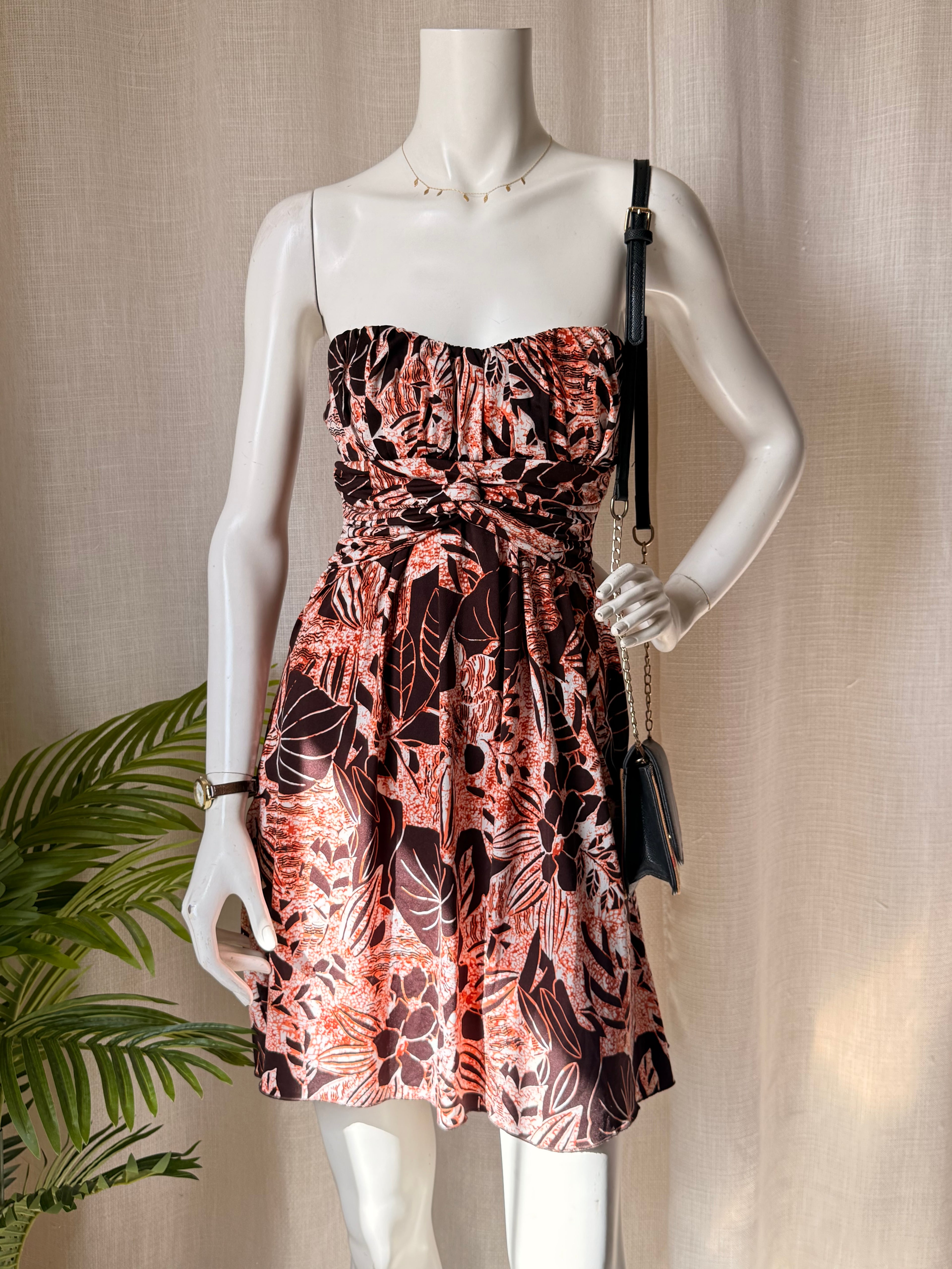 Eclipse Boho Floral Strapless Dress | Earthy Orange Ruched Bust | Size M/L