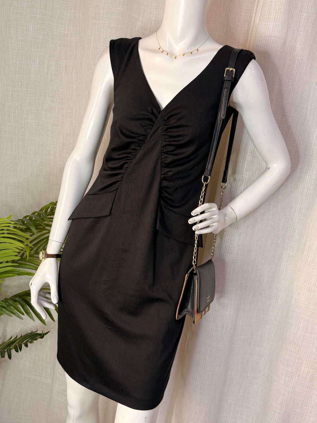 Studio Classics Black Ruched V-Neck Midi Dress – Size Large | Elegant Evening & Work Dress