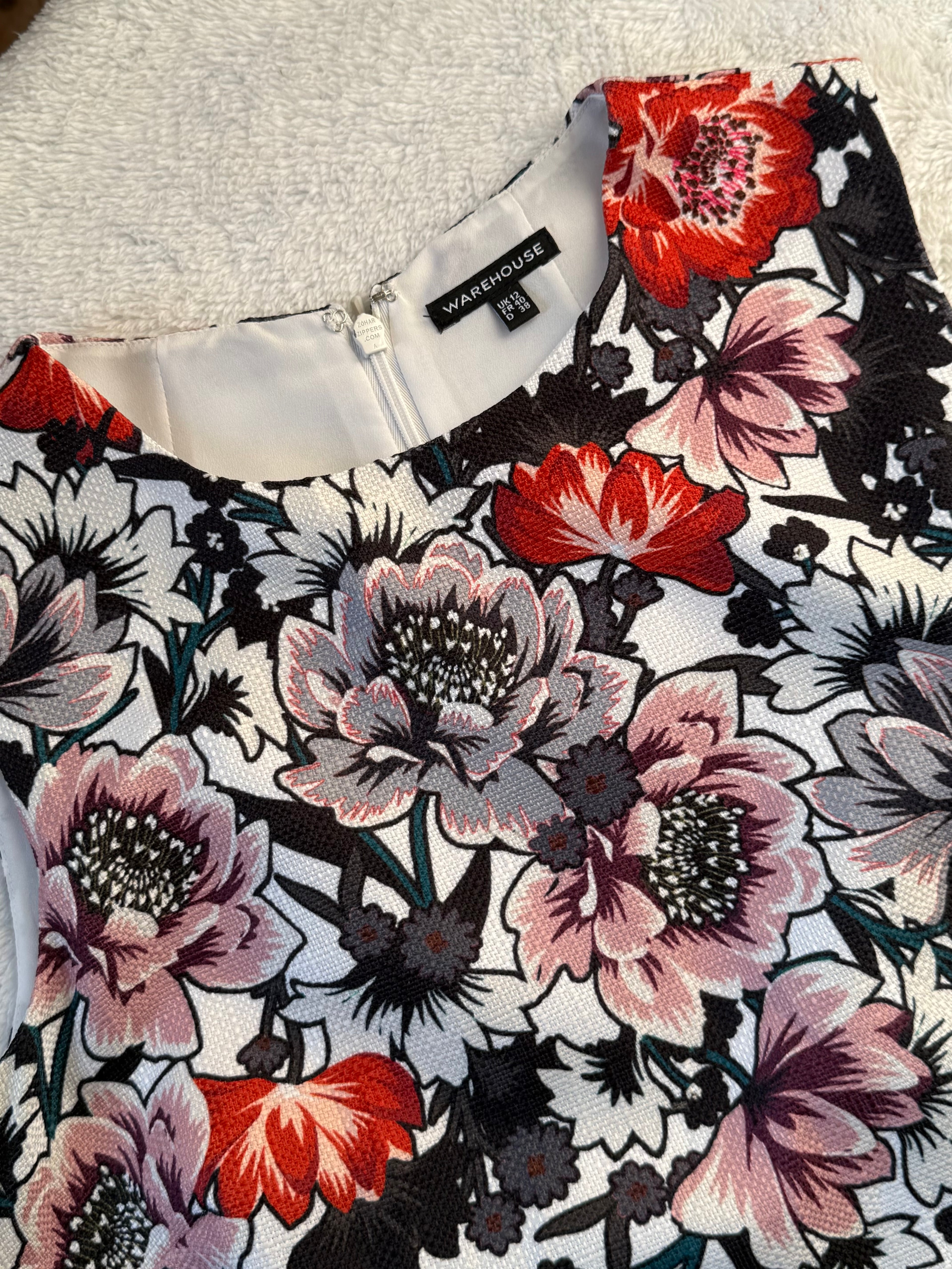 Warehouse Red & Black Floral Print Sleeveless Pencil Dress | UK 12