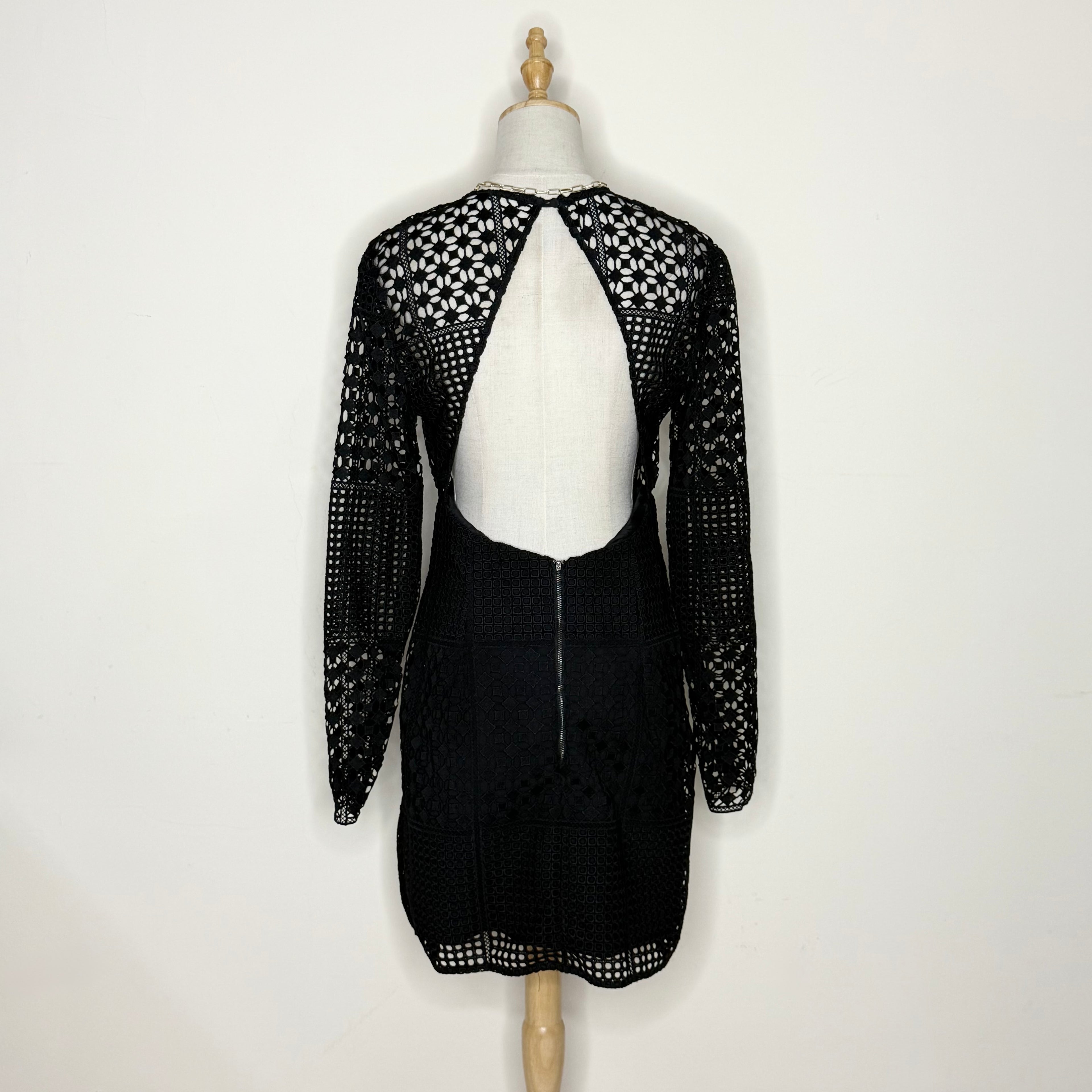 Kookai Black Lace Long-Sleeve Mini Dress with Open Back (Like New)