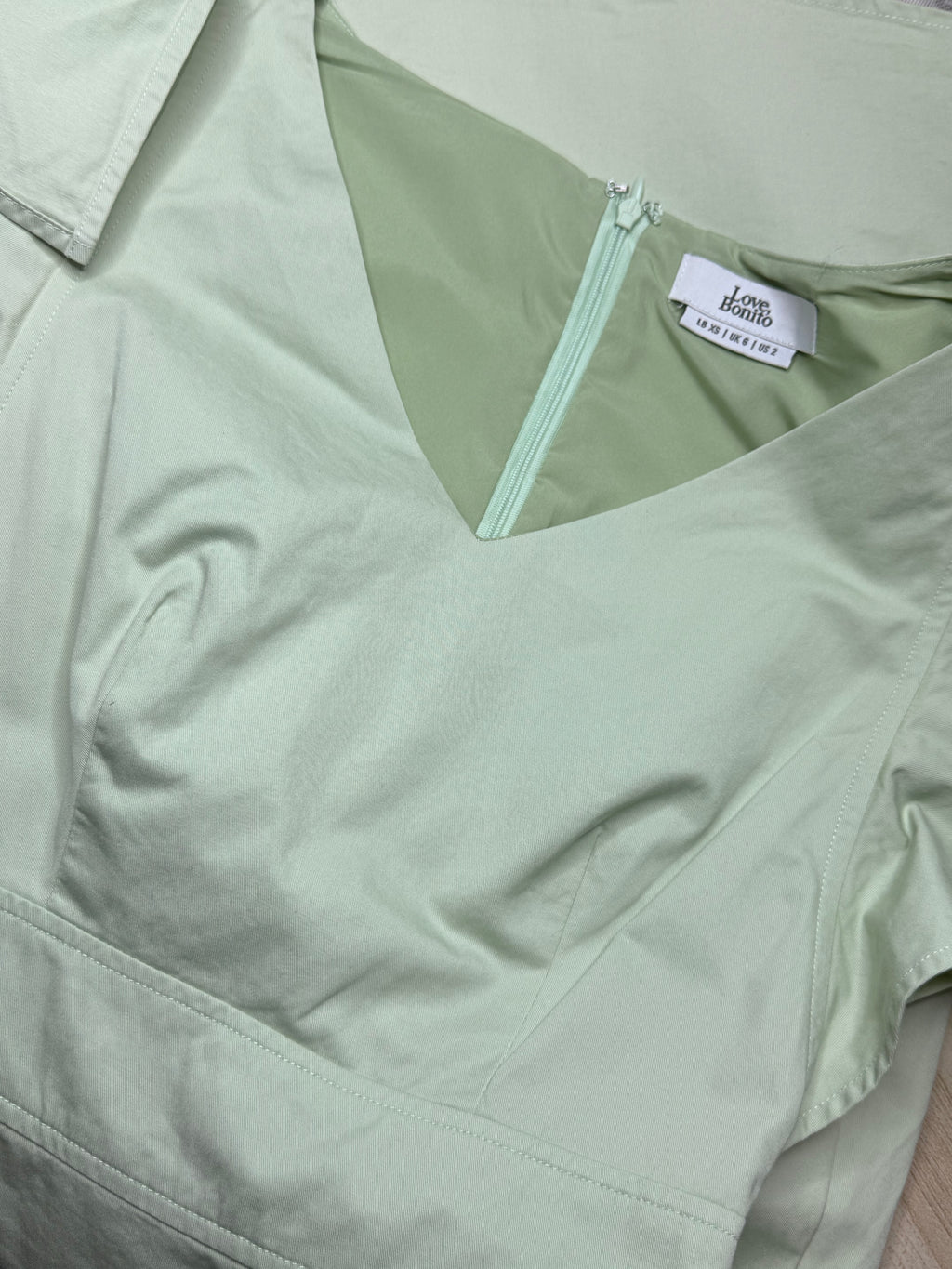 Love, Bonito Mint Green V-Neck A-Line Cotton Dress (Size XS / UK 6 / US 2)
