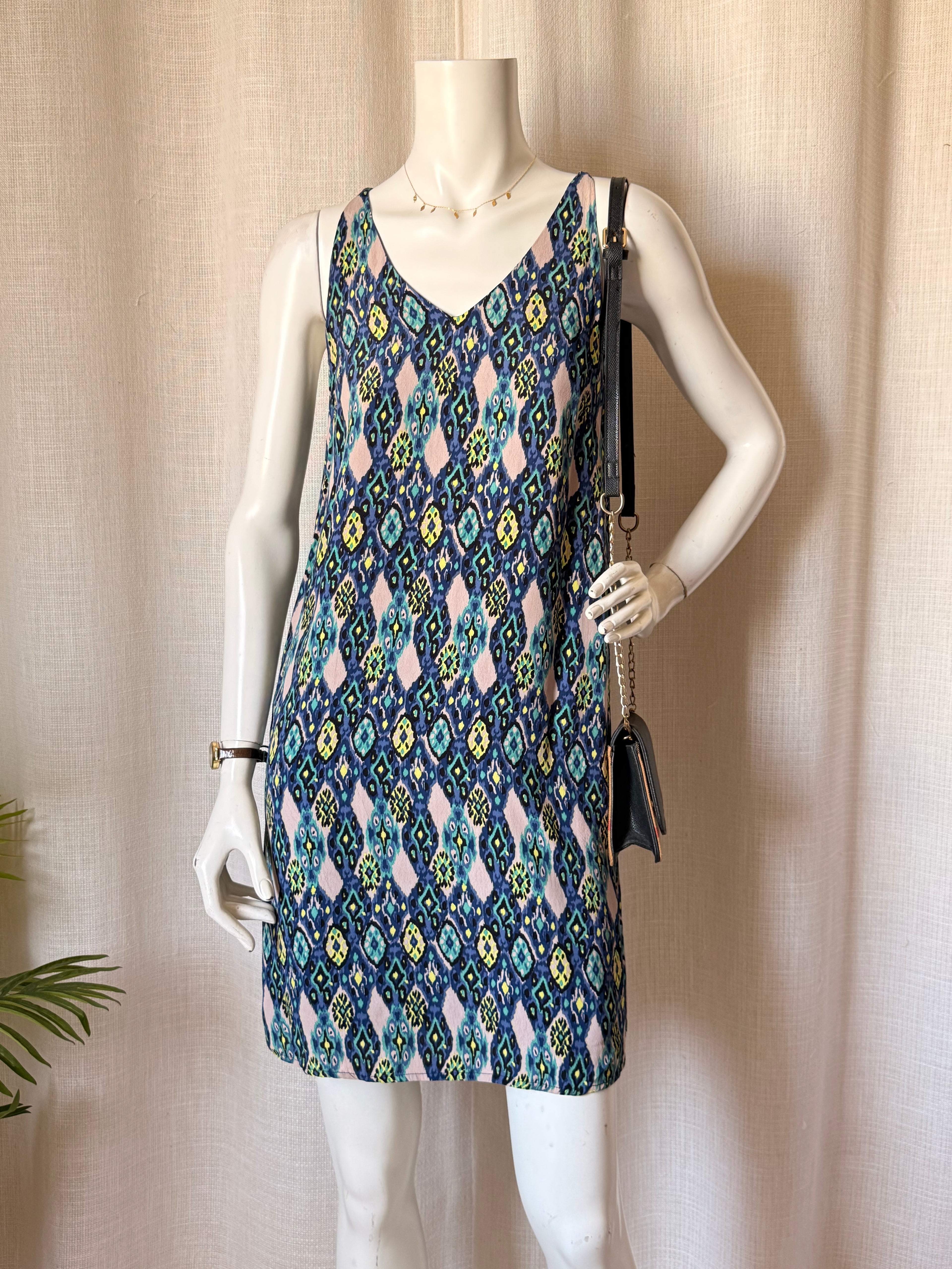 1.2.3 Paris Ikat Print Mini Dress - Blue/Green Silk Feel - Size FR 38 (Small Imperfections)