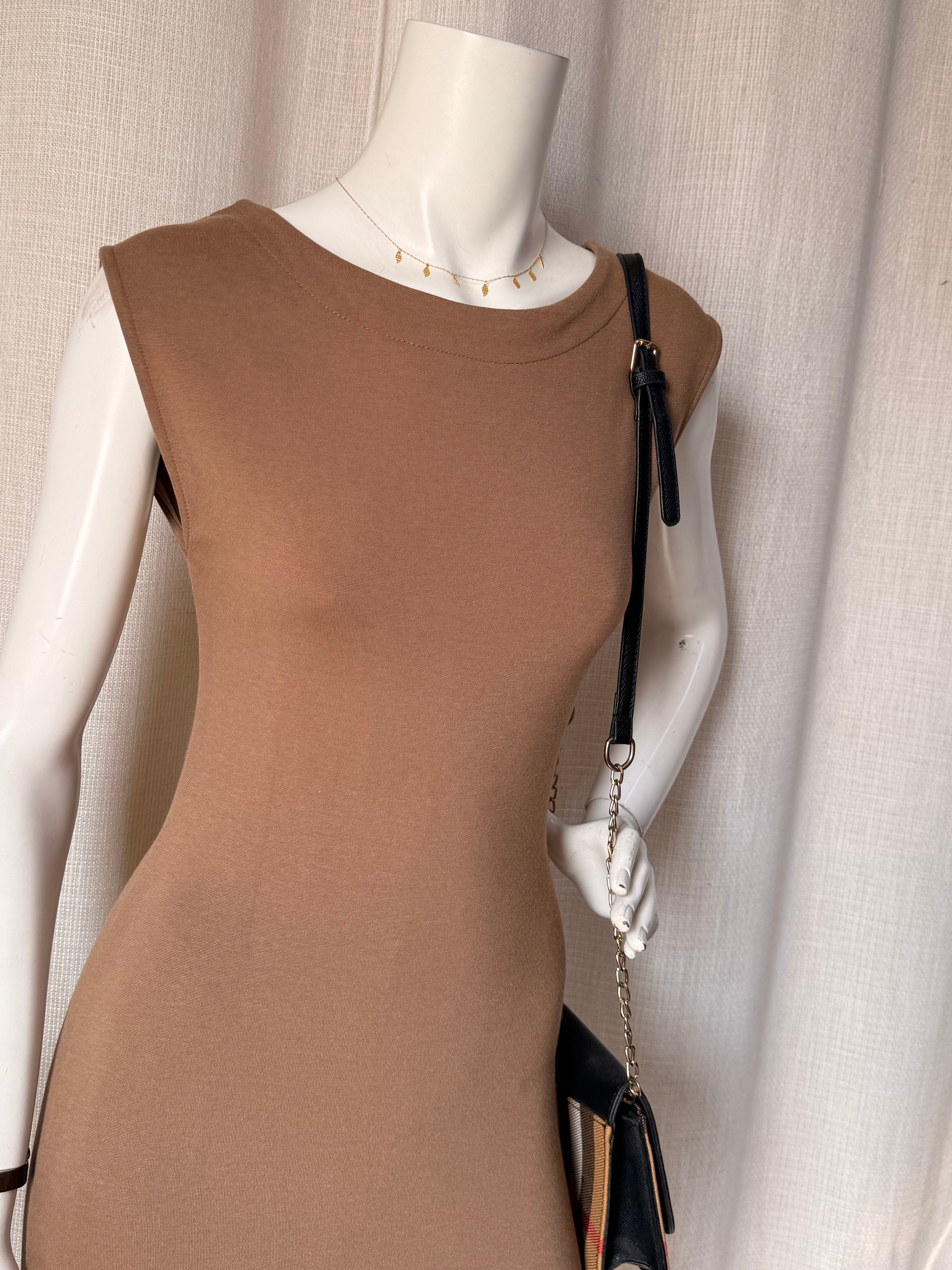 ZARA BASIC Camel Tan Sleeveless Boatneck Bodycon Mini Dress – Size XS | Chic Everyday & Casual Dress