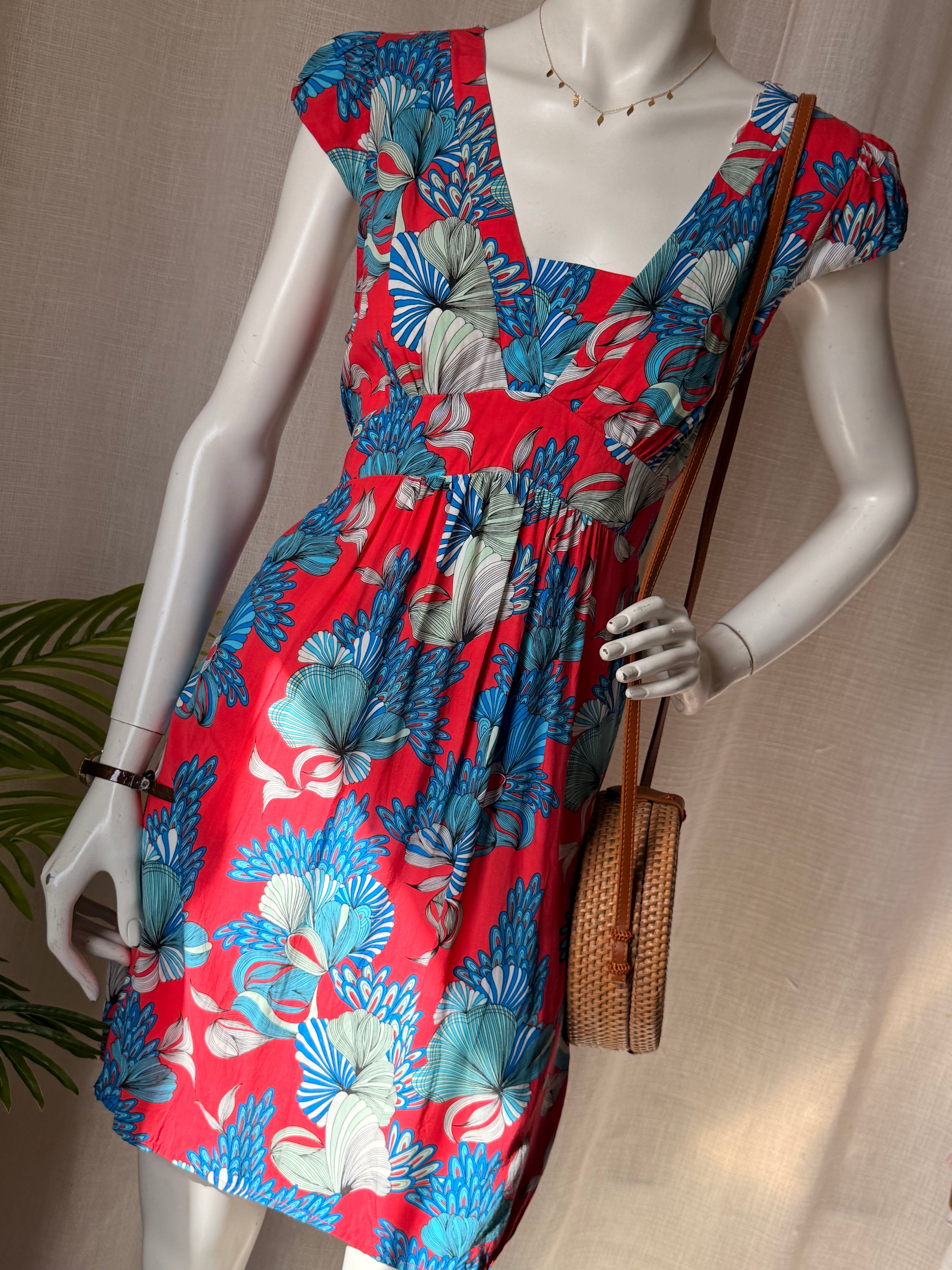 Sunny Girl Australian Boutique Floral Mini Dress - Red & Blue - Size 12 - Empire Waist