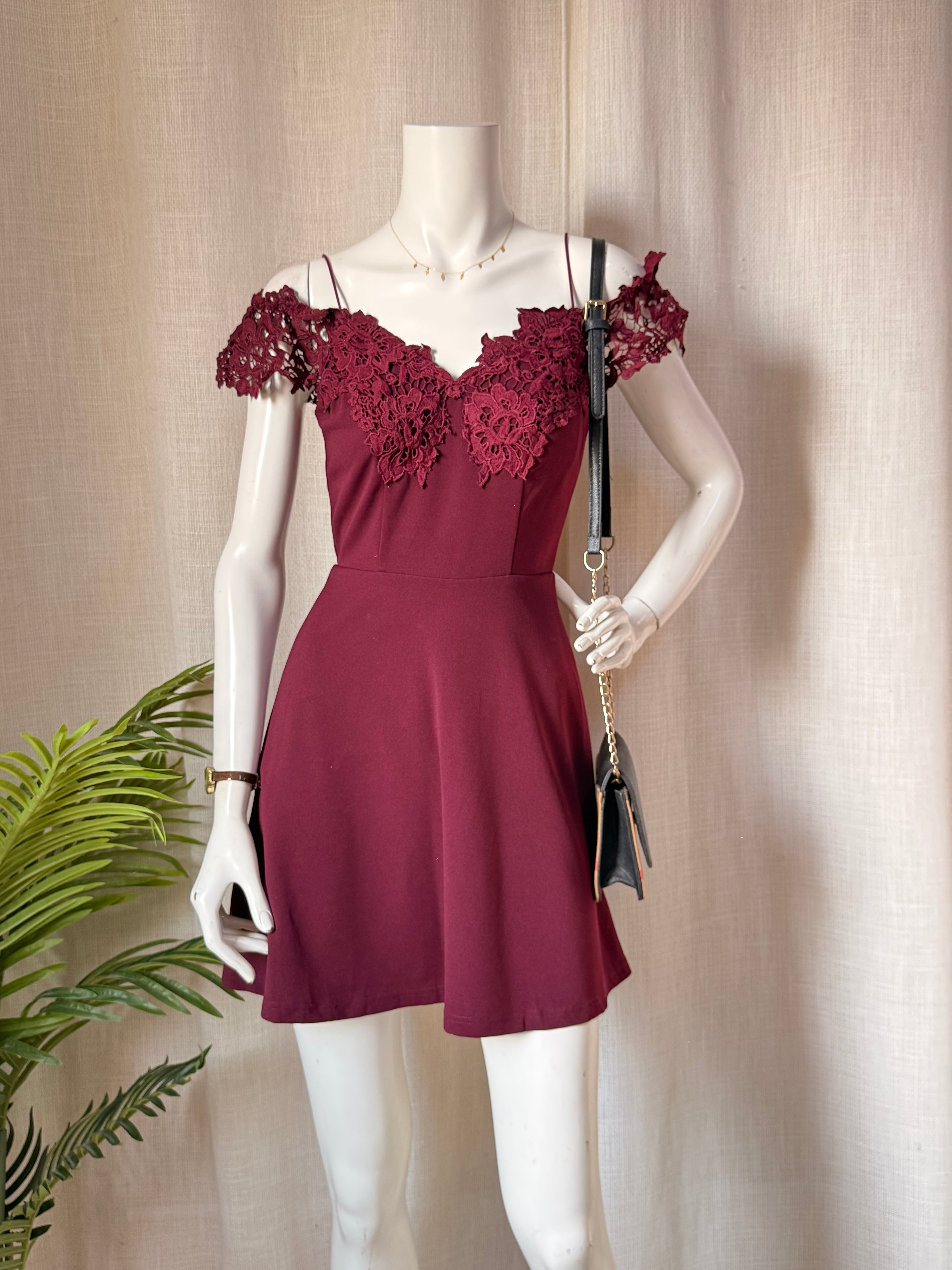 Charlotte Russe Burgundy Lace Off-Shoulder Skater Dress – Size XS | Cocktail & Party Dress