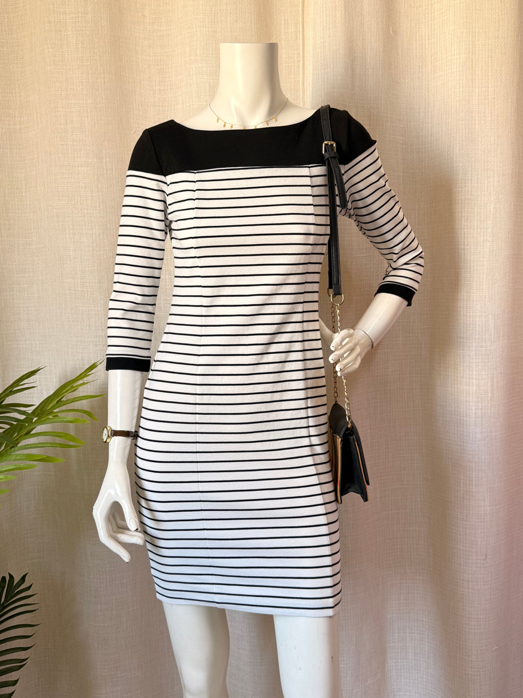 Zara Basic Striped Boat Neck Bodycon Dress with 3/4 Sleeves (Size S)