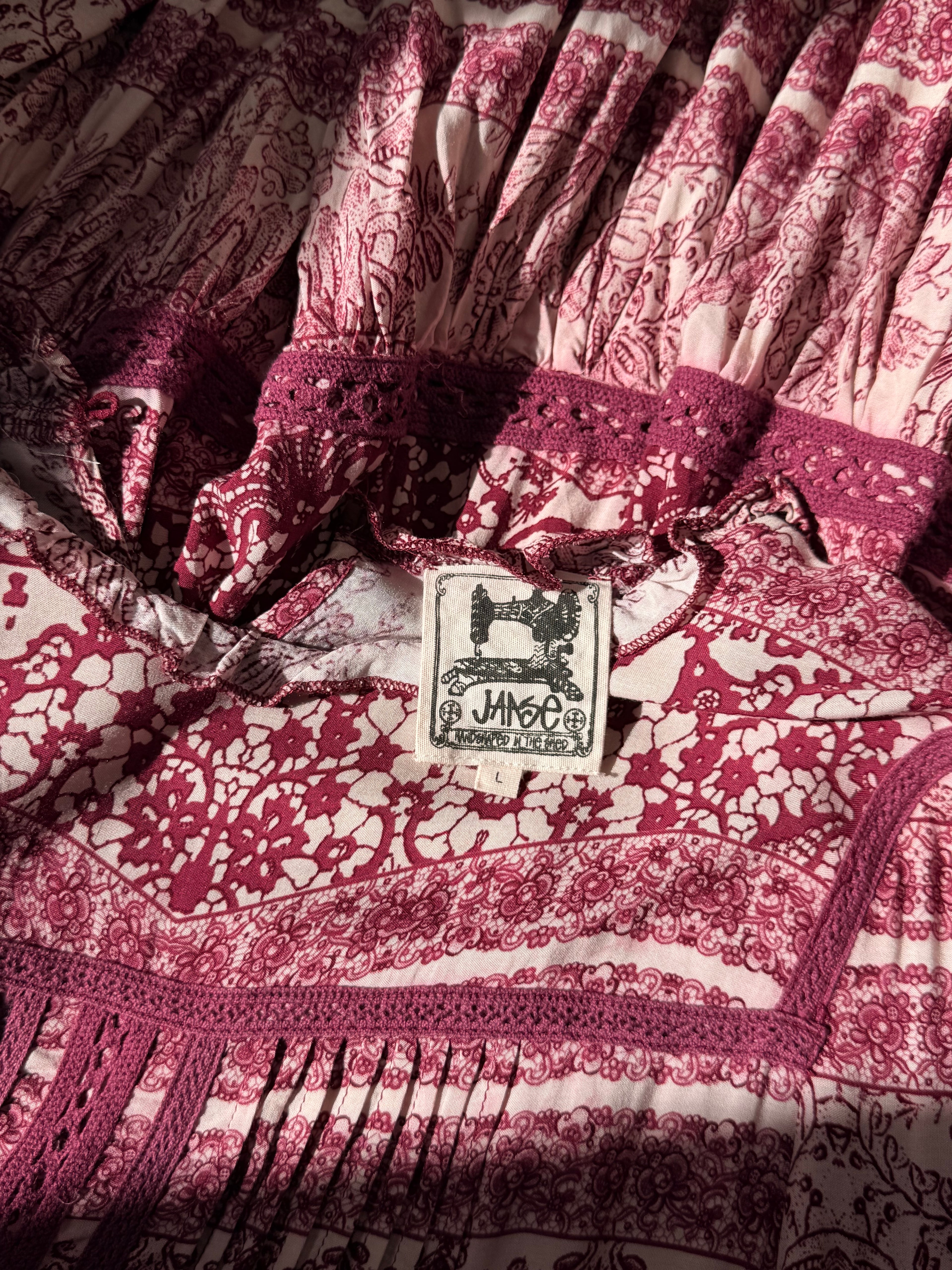 Janse Boho Tiered Mini Dress - Berry Pink Floral with Lace Detail - Size M/L