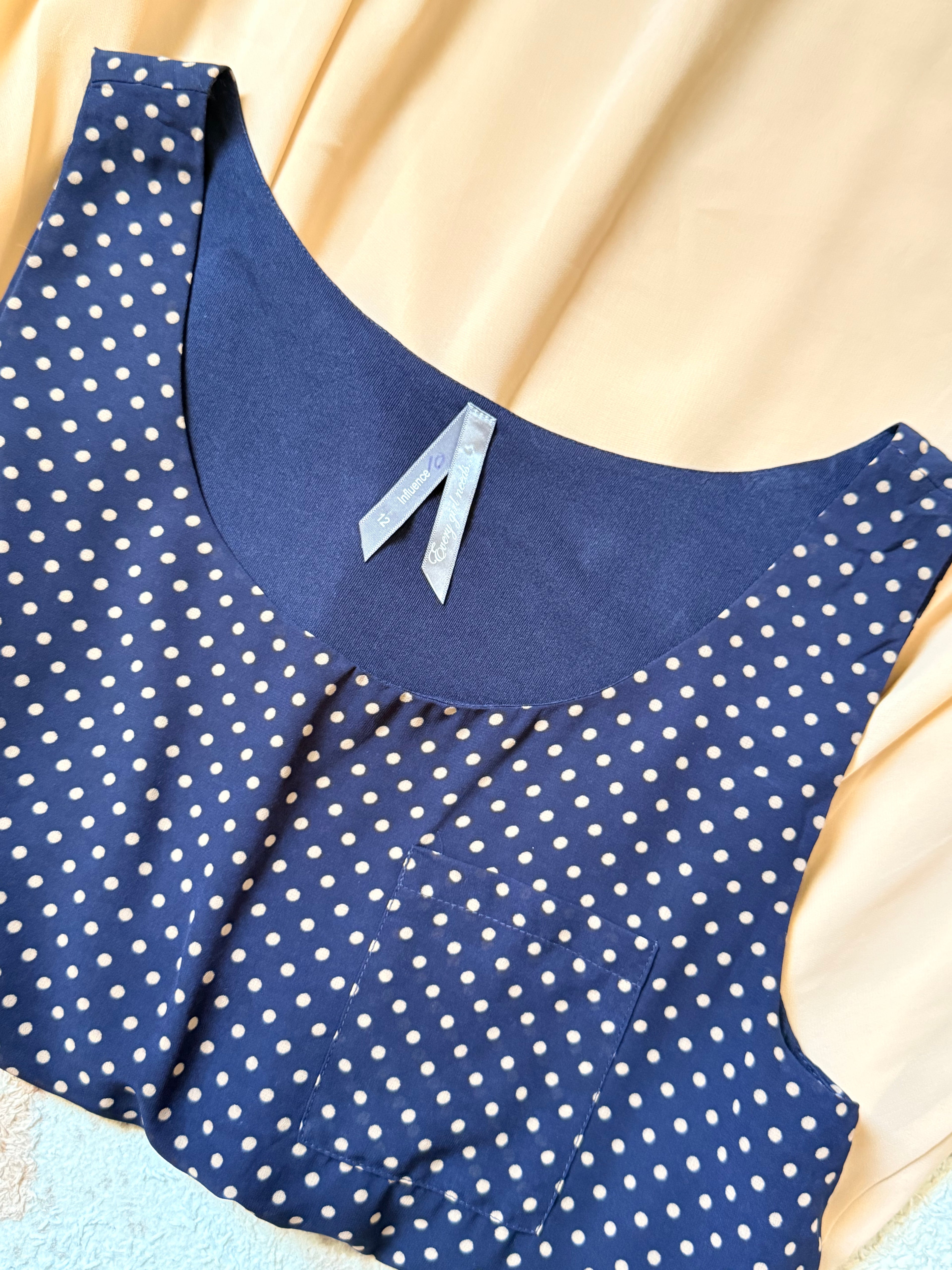 Influence Navy Polka Dot & Peach Skirt Mini Dress - Size UK 12 (Fits UK 10/12)