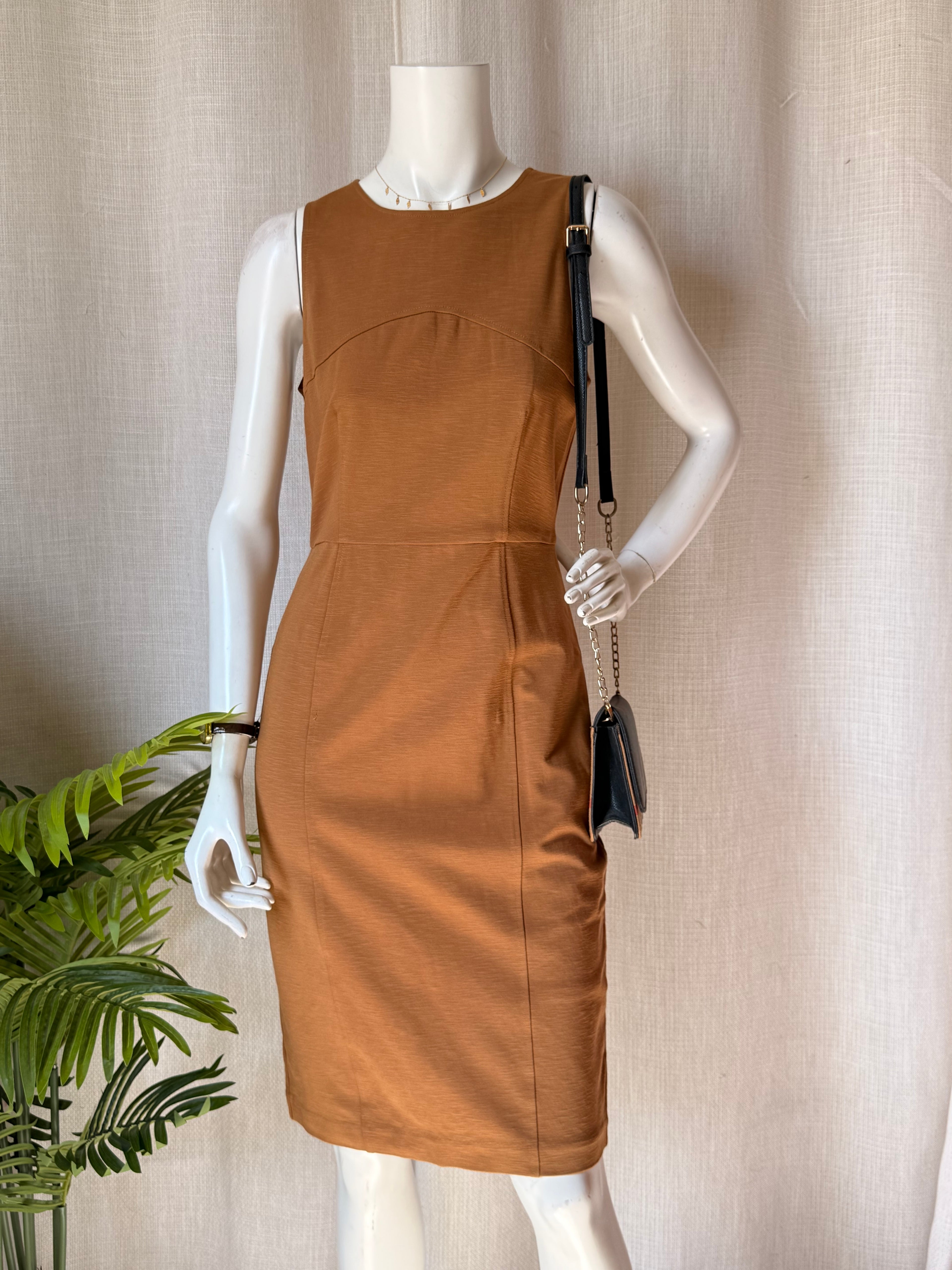 Oxford Woman Camel Sleeveless Sheath Dress | UK 10