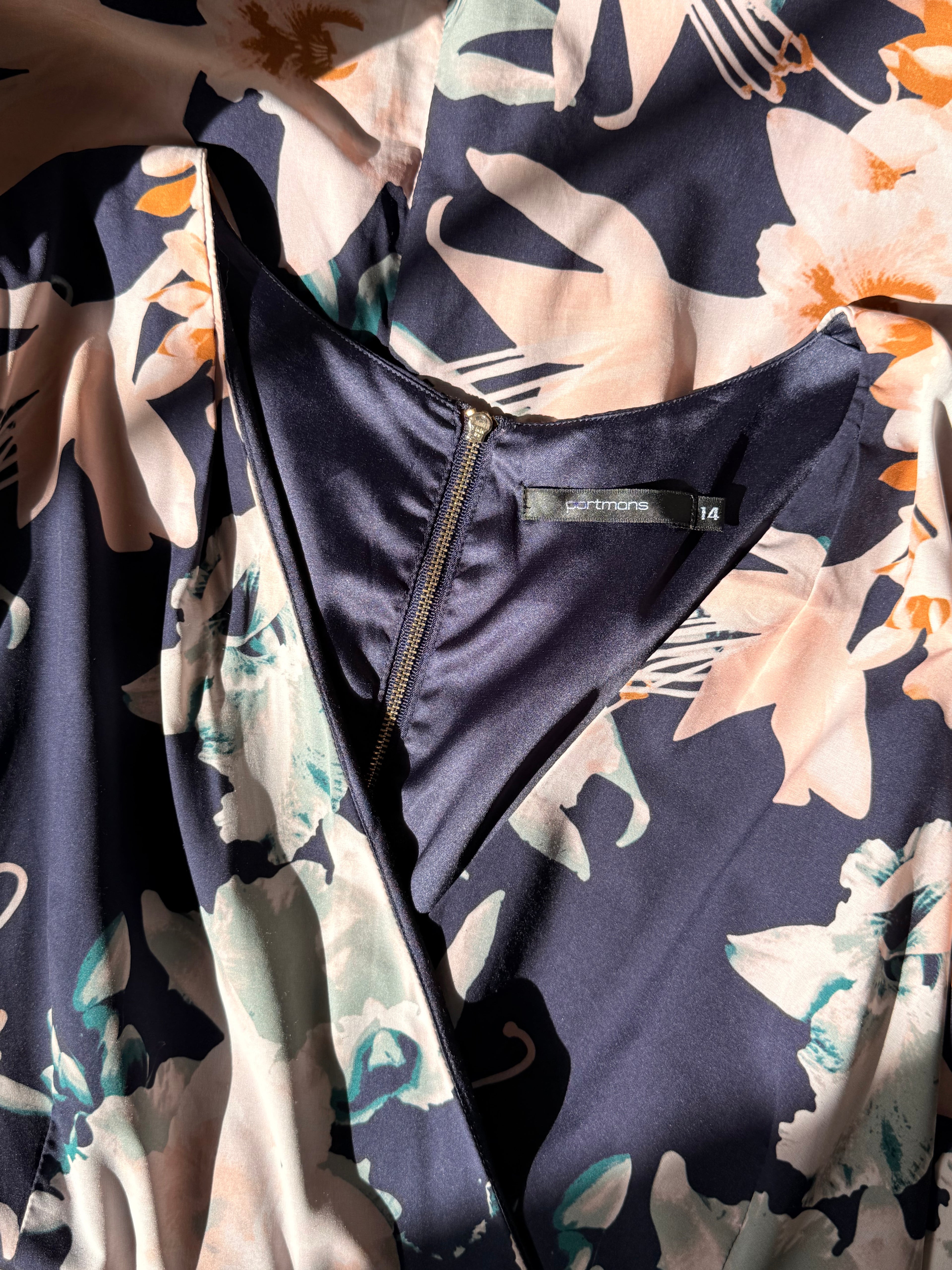 Portmans Floral Faux-Wrap Dress - Navy & Blush Satin Finish - Size 14 (L)