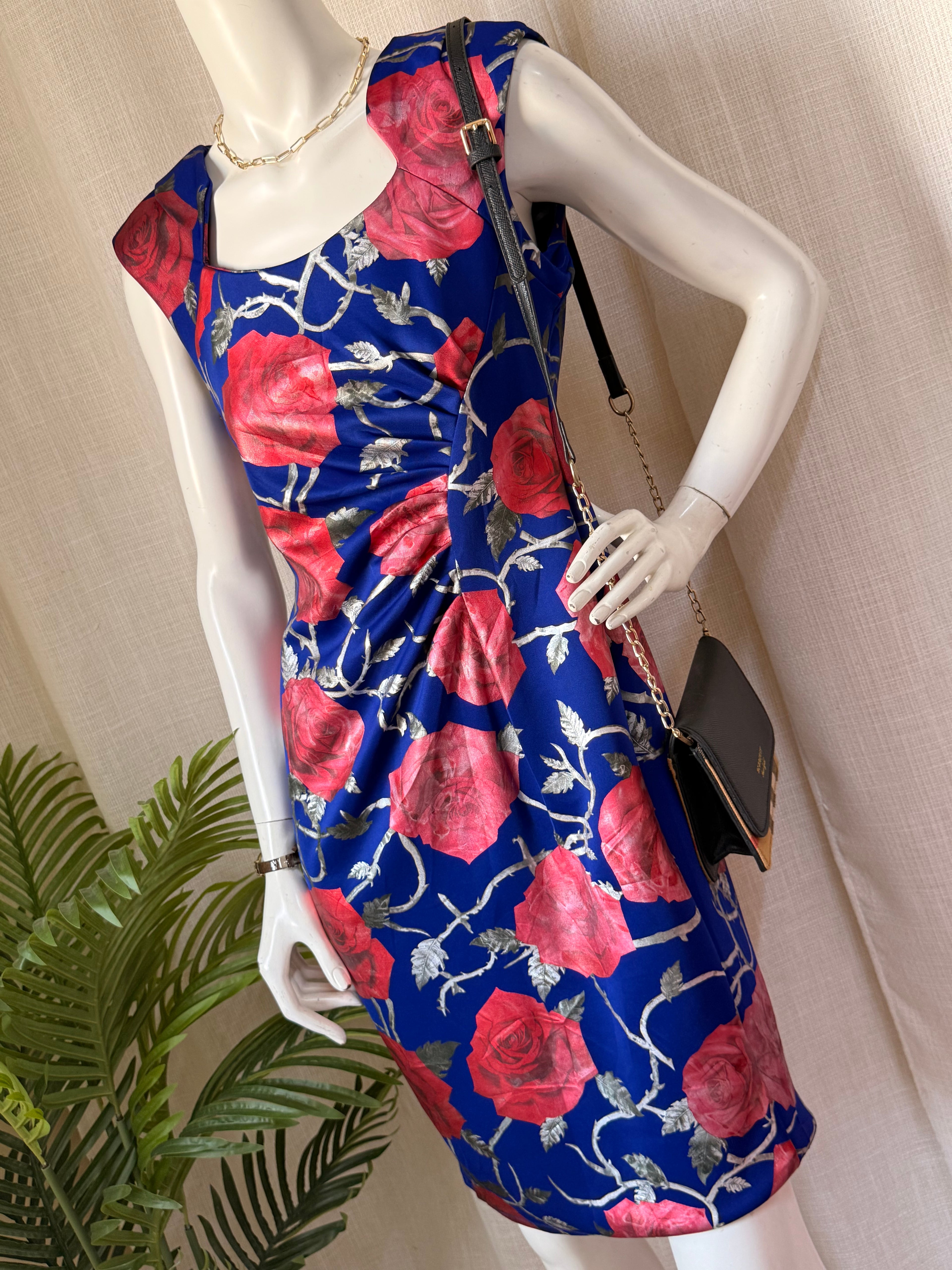 Shelby & Palmer Royal Blue Floral Ruched Sheath Dress – Size 8
