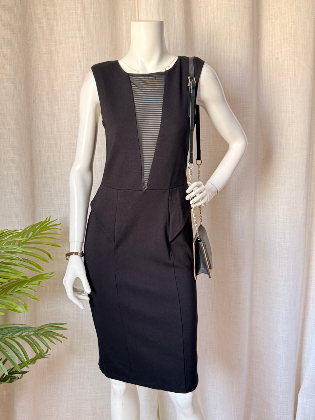 River Island Black Mesh Panel Midi Cocktail Dress (Size M)