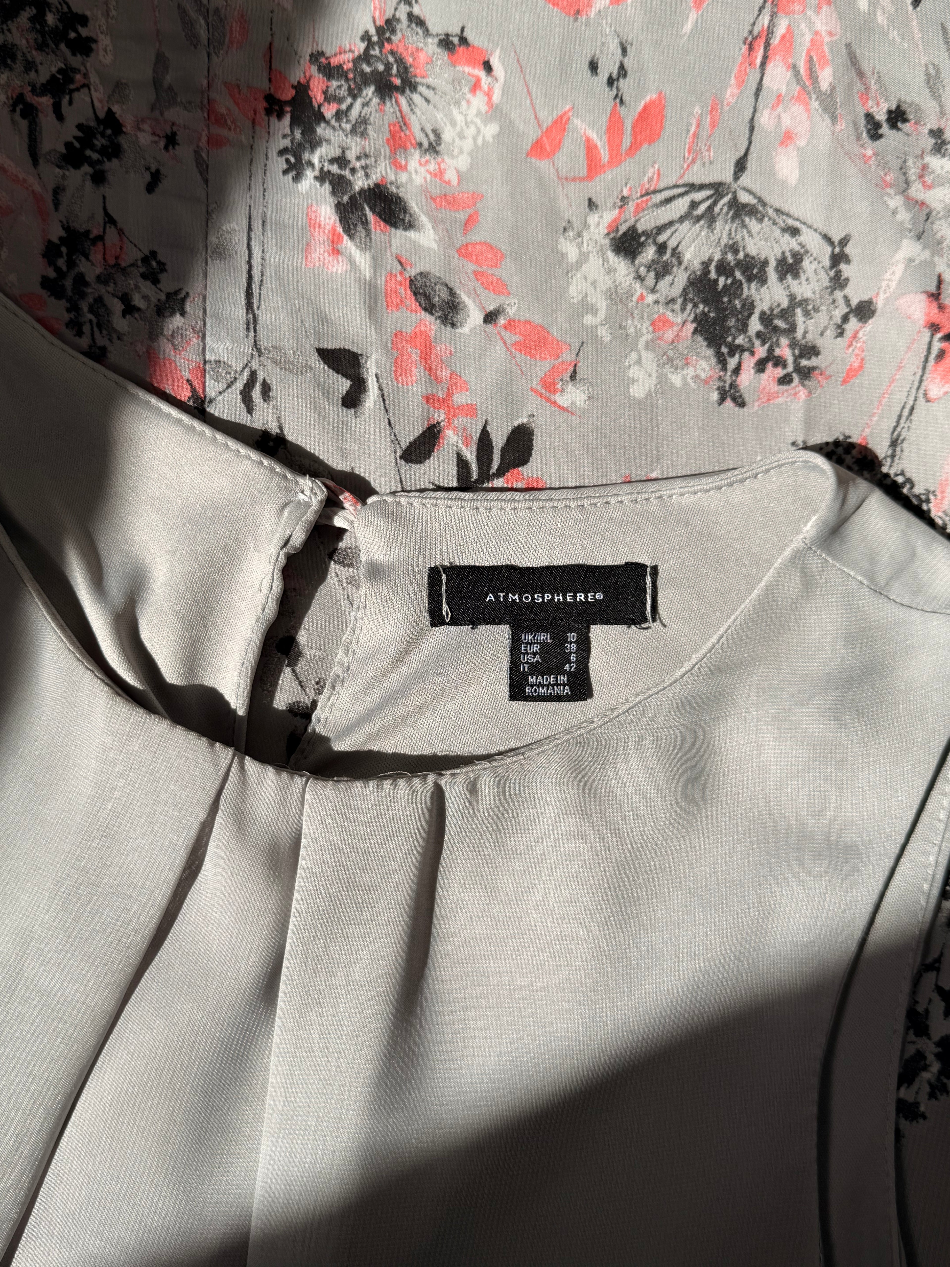 Atmosphere Grey Floral Shift Dress - Pleated Neckline & Butterfly Print - Size 10 (M)